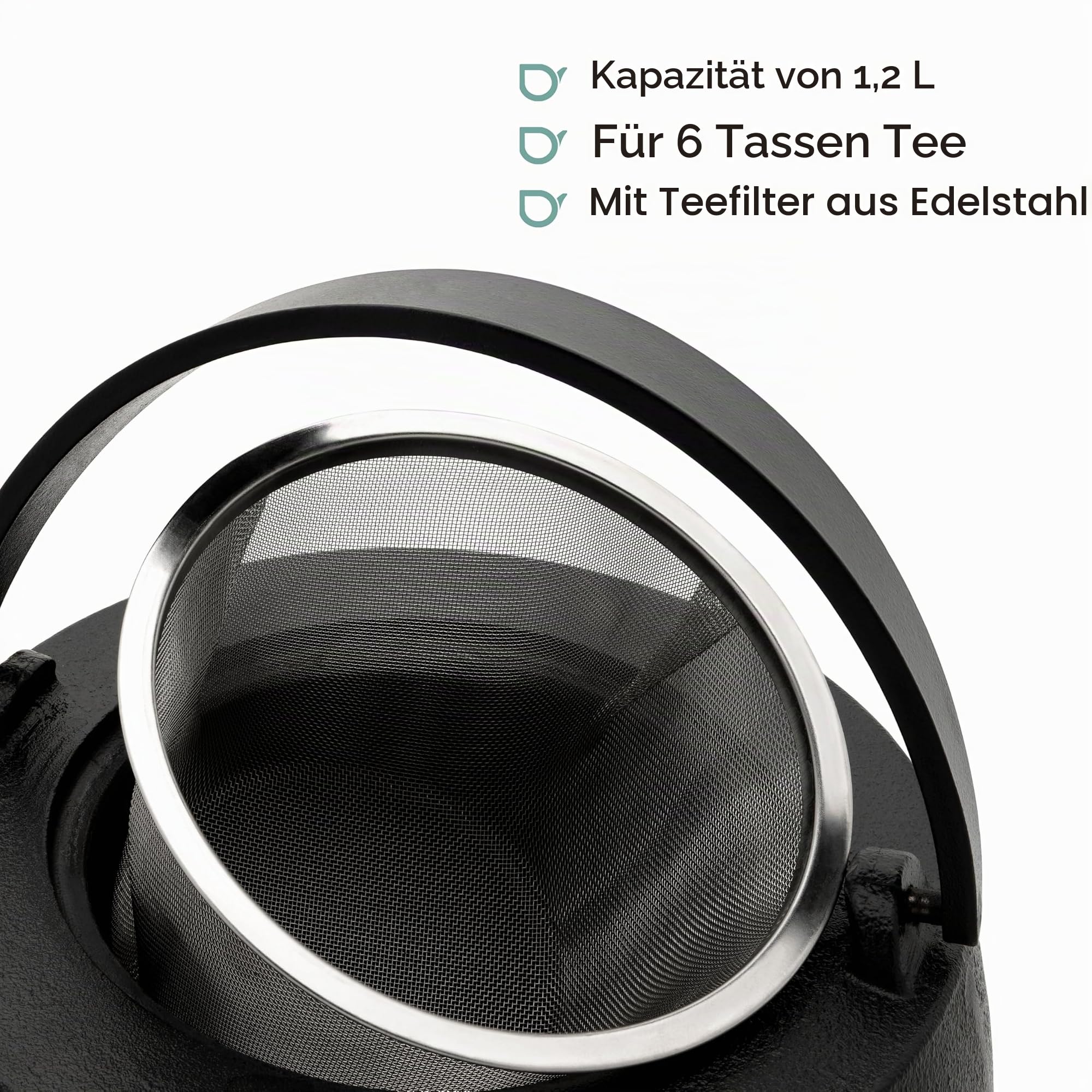 Bredemeijer große schwarze Guss-Teekanne 1.2 Liter - Gusseisen Tee-Set mit Stövchen für 1 Teelicht und Teefilter-Siebeinsatz aus Edelstahl