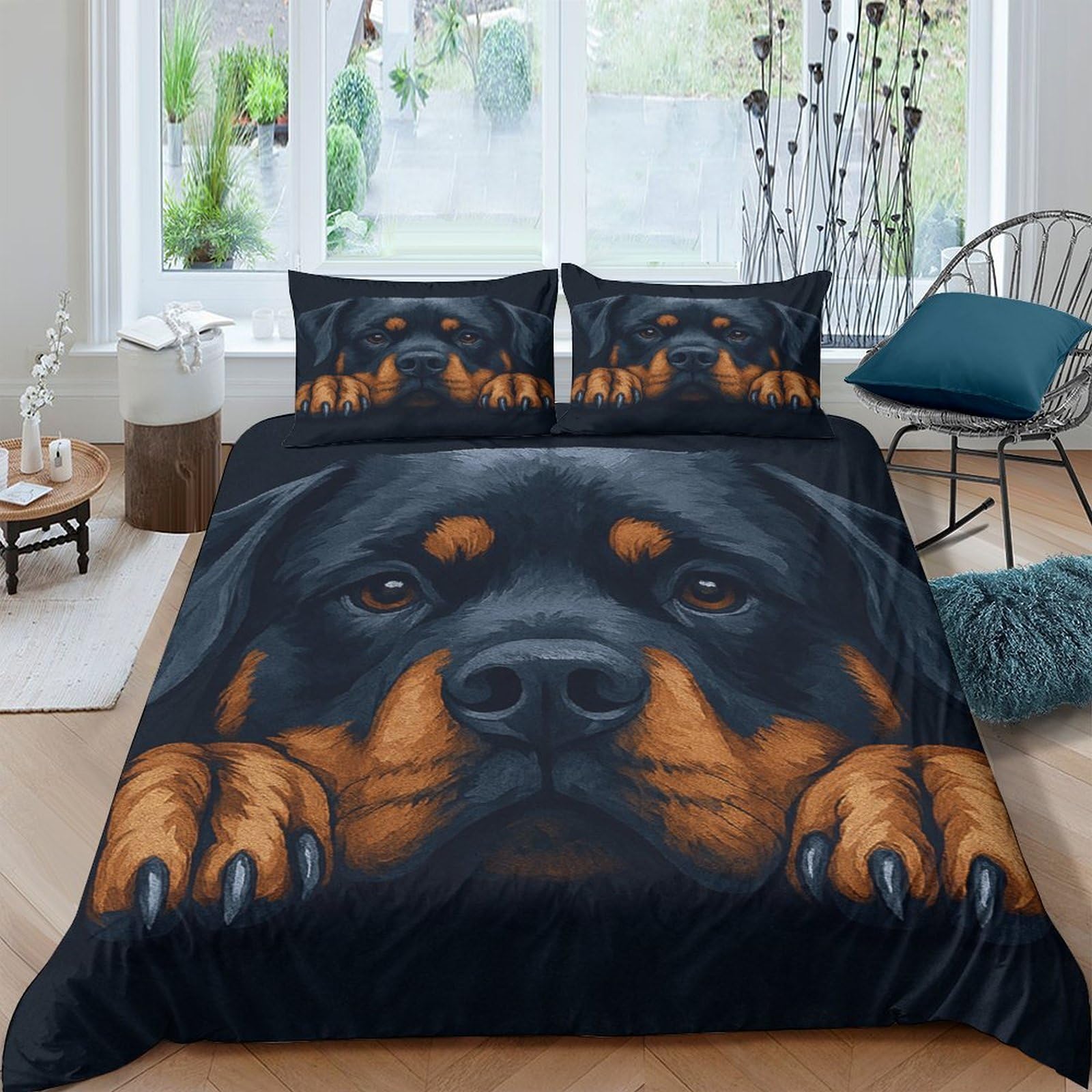 XFKLYNVCJ 3D Printed Rottweiler dog Duvet Cover Premium Polyester realistic pet illust Bed Cover Quick Drying Soft Durable for Everyday Home Bedding Use Single（140x200cm）