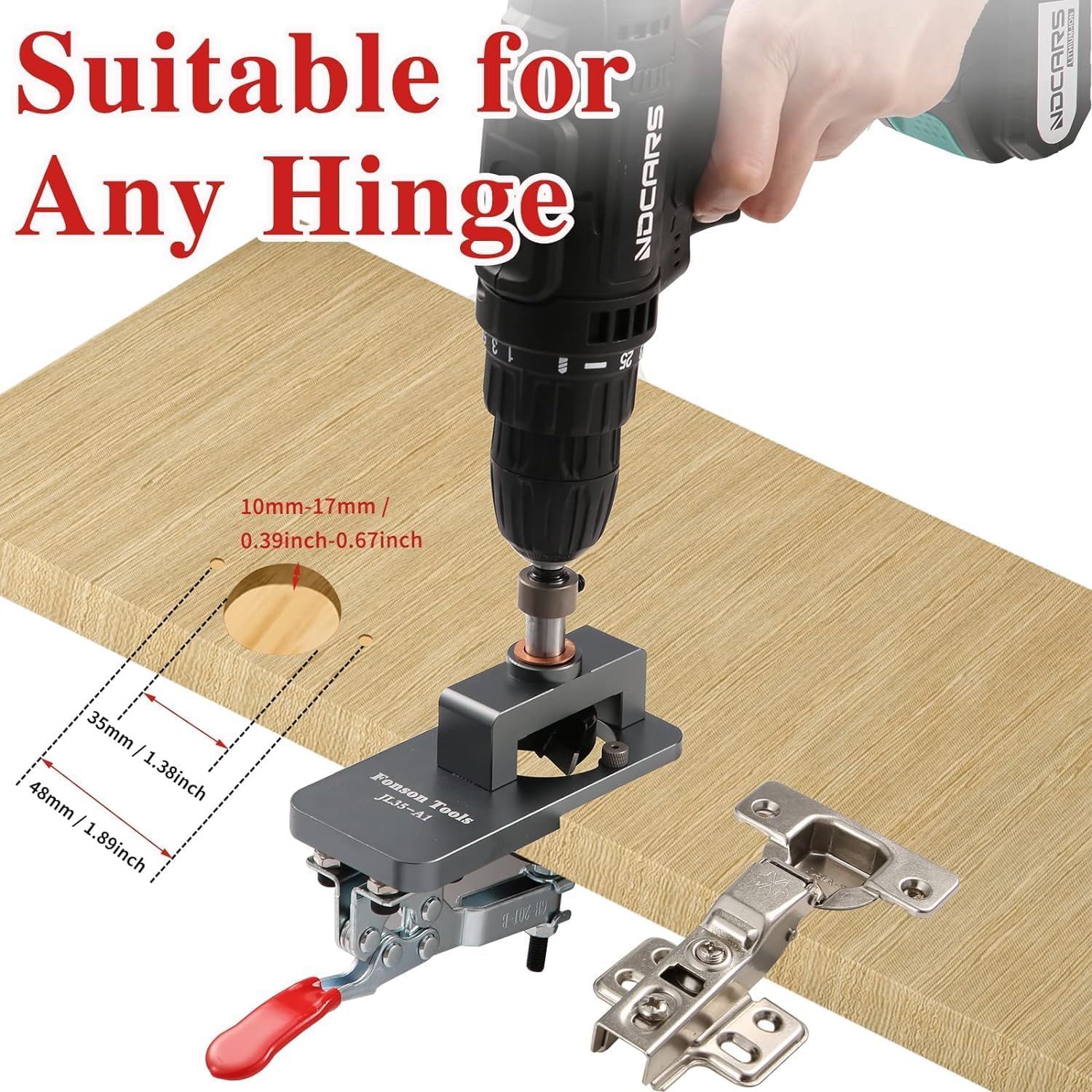Idong Concealed Door Hinge Jig, 35mm Metal Cabinet Hinge Jig Drilling Hole Puncher with Quick Clamp, Accurate Hinge Drill Jigs Woodworking Tool for Carpentry Doors Cabinets Hinge Installation