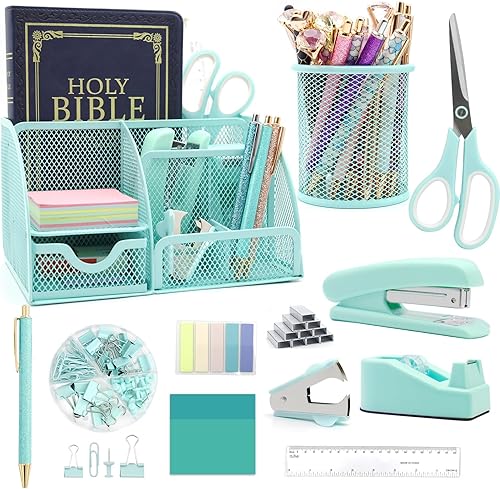 Juego de organizadores y accesorios de escritorio verde 12 en 1, regalos verdes para compañeros de trabajo, suministros de oficina verdes que