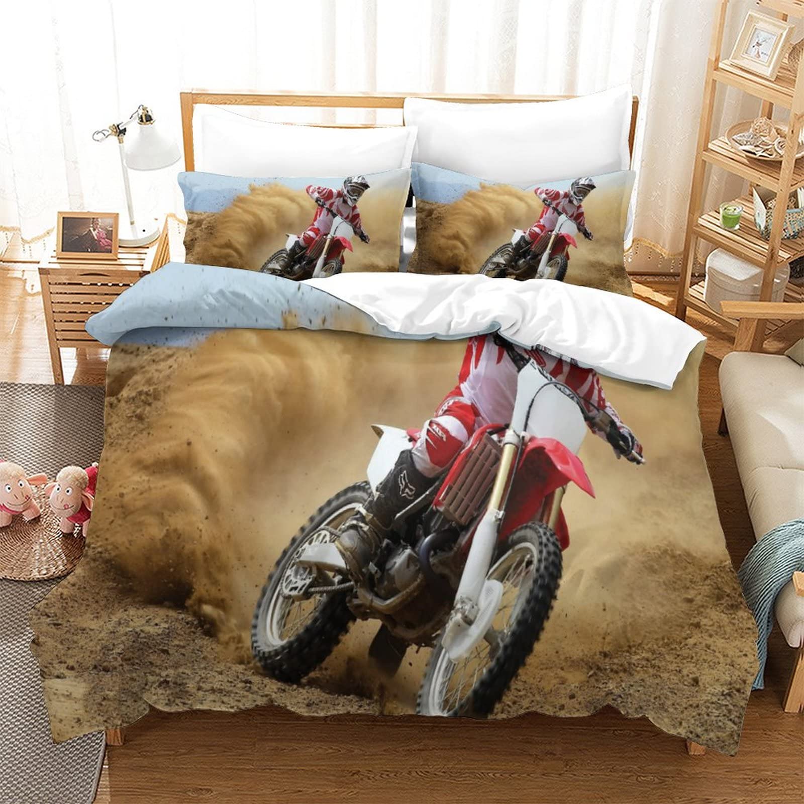 WANHUI Motocross Bedding Duvet Cover 3D Printed Quilt Duvet Cover with Zipper Closure, Soft Microfiber Bedding Double（200x200cm）