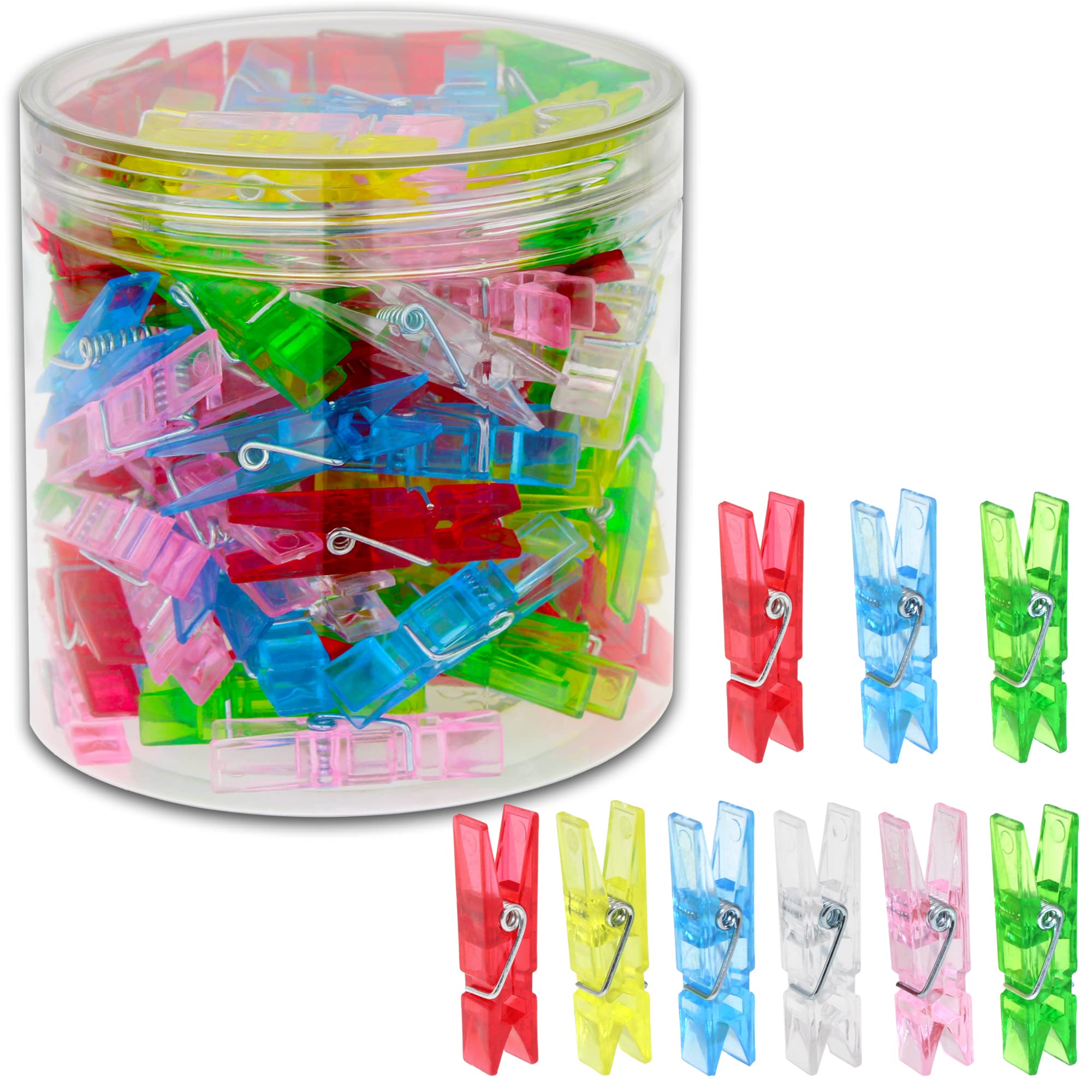 OKVGO100pcs Small Plastics Mini Clear Pegs for Hanging Tiny Photos, Clothes Arts and Crafts Weddings Party Clip Multicoloured Transparent (Multi)