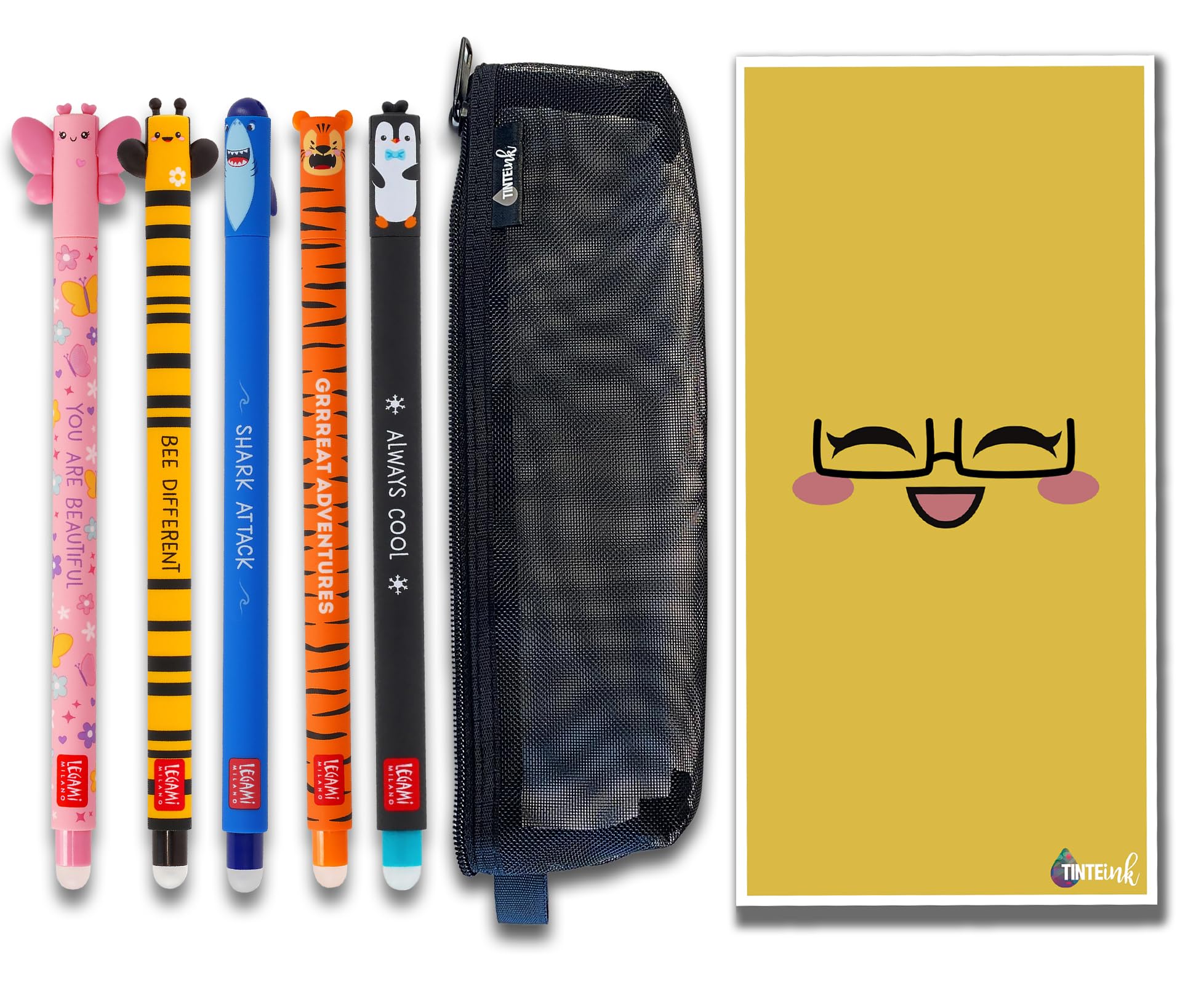 Tinte Ink Legami Erasable Pens Bundles/Sets with Cute Envelope and Mesh Pencil Case! - (Shark, Bee, Penguin, Butterfly & Tiger Set) โ image 1