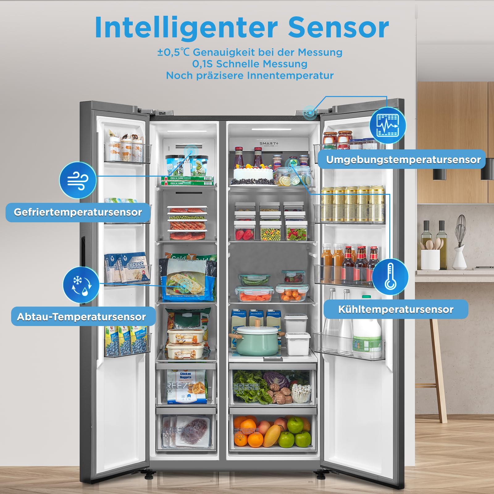Midea Side-by-Side Kühl-Gefrierkombination 592 L No Frost WiFi-Steuerung Inverter-Kompressor 37 dB 212 kWh/Jahr 177,5 cm Multi-Air-Flow Humidity Control SuperCool MDRS791MIC46