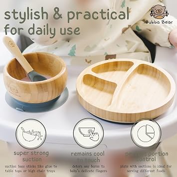 Bubba Bear Baby Bamboo Weaning Set | Toddler & Babies Plates & Bowls with Suction | Childs Led Feeding Plate, Bowl and Spoon Set | Wooden Dinner Essentials Sets for Kids | Eco Friendly & BPA Free