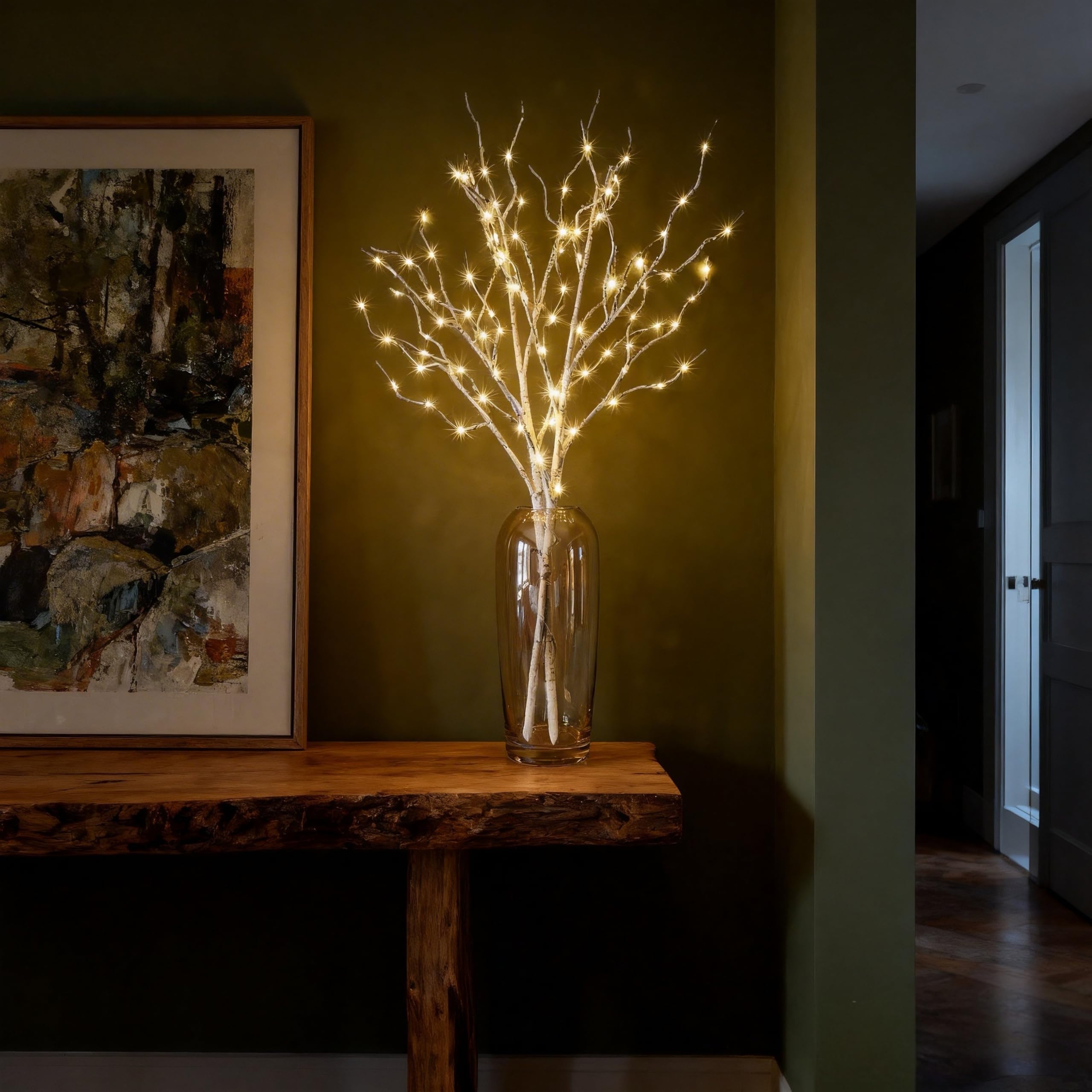 HipTree Beleuchtete Birkenzweige 81,3 cm, 100 LEDs, warmweiß, 2 Stück, batteriebetrieben mit 6-Stunden-Timer, IP44 wasserdicht, flexible KD-Zweiglichter für drinnen und draußen, Weihnachtsdekoration