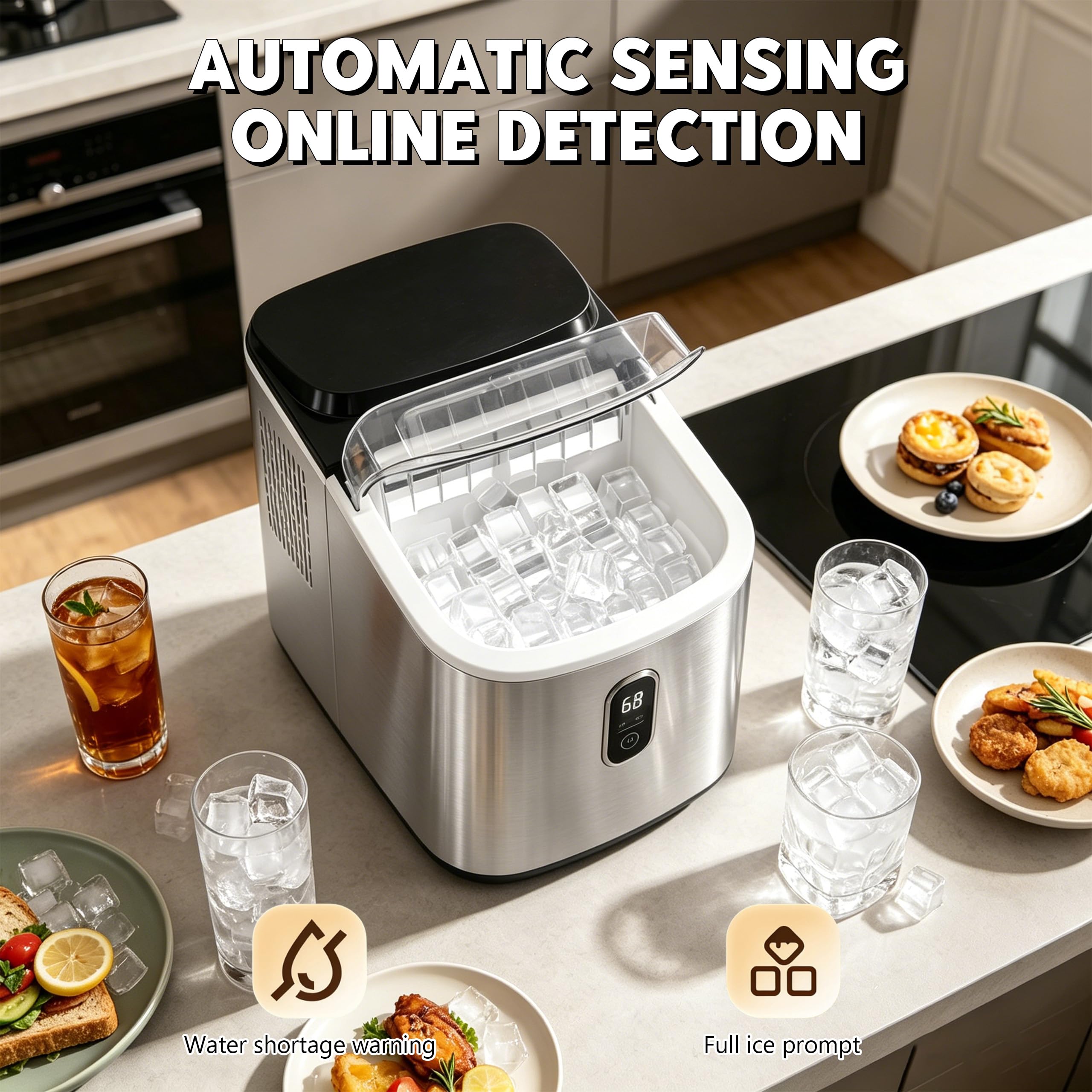Macchina per cubetti di ghiaccio, autoadescante con display LCD, 20 kg/24 h, autopulente, in acciaio inox, spessore del ghiaccio regolabile 8-15 minuti, per casa, campeggio, ufficio