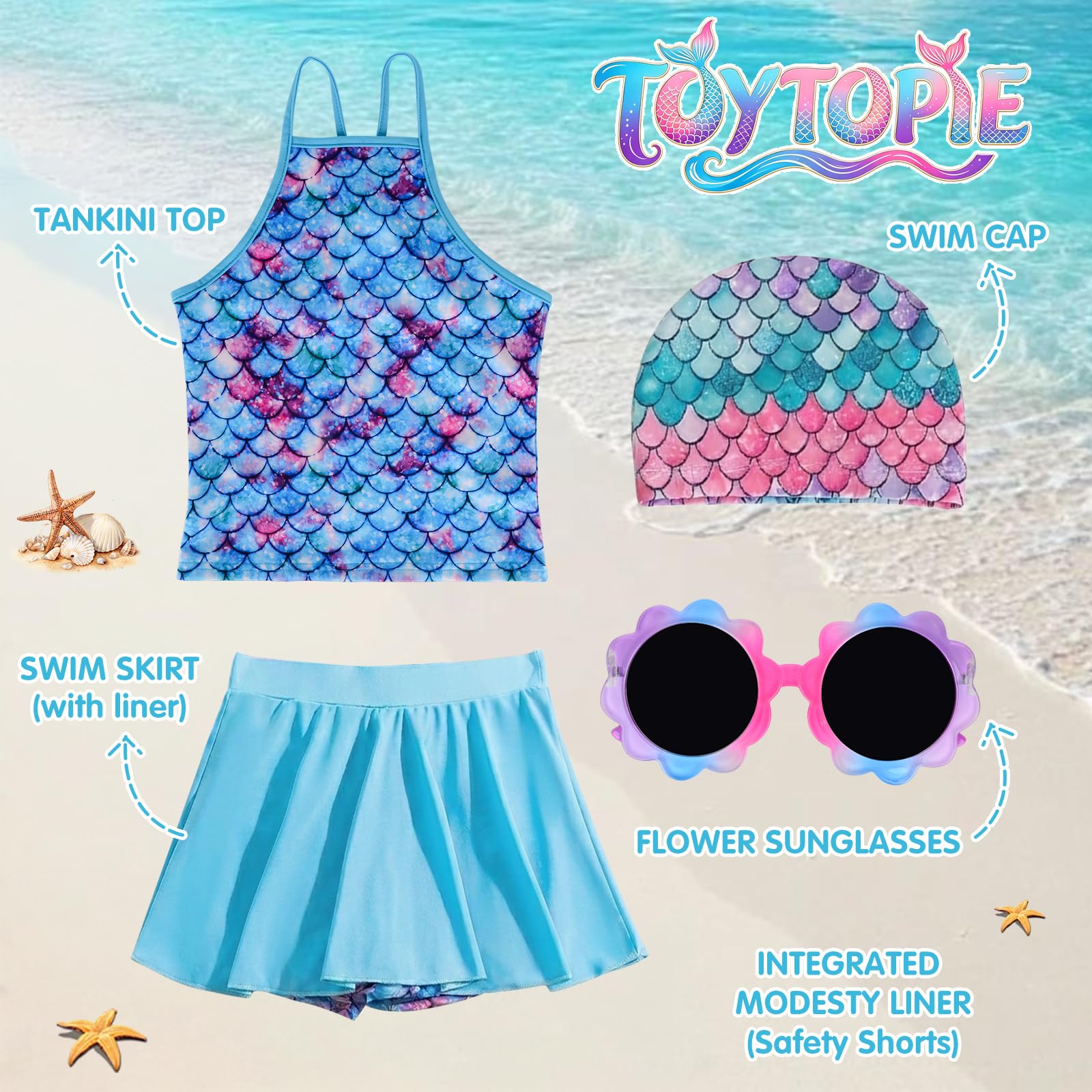 Costume da Bagno Bimba Tankini 4 Pezzi, Set Due Pezzi Design a Scaglie di Pesce con Gonna Pantaloncino, Cuffia e Occhialini, Outfit Estivo Vacanze Tema Oceano 5-6 Anni, Regalo di Compleanno