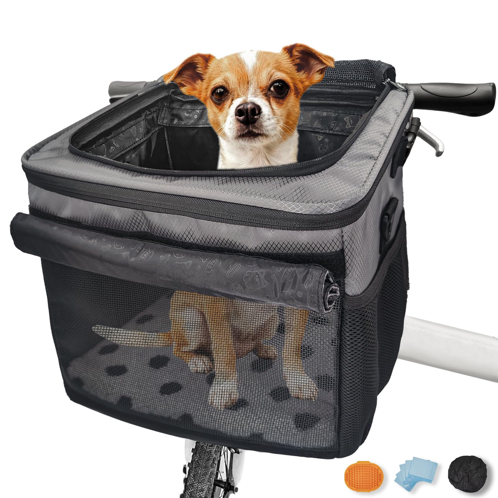 VeluXanipyr Dog Bike Basket,Cat Backpack Carrier,Dog Bike Carrier Hard,Pet Car Seat with Extended Single Shoulder Strap,Pet Shoulder Bag with Pet Bath Brush，Disposable Pee Pads 5pcs,Gray