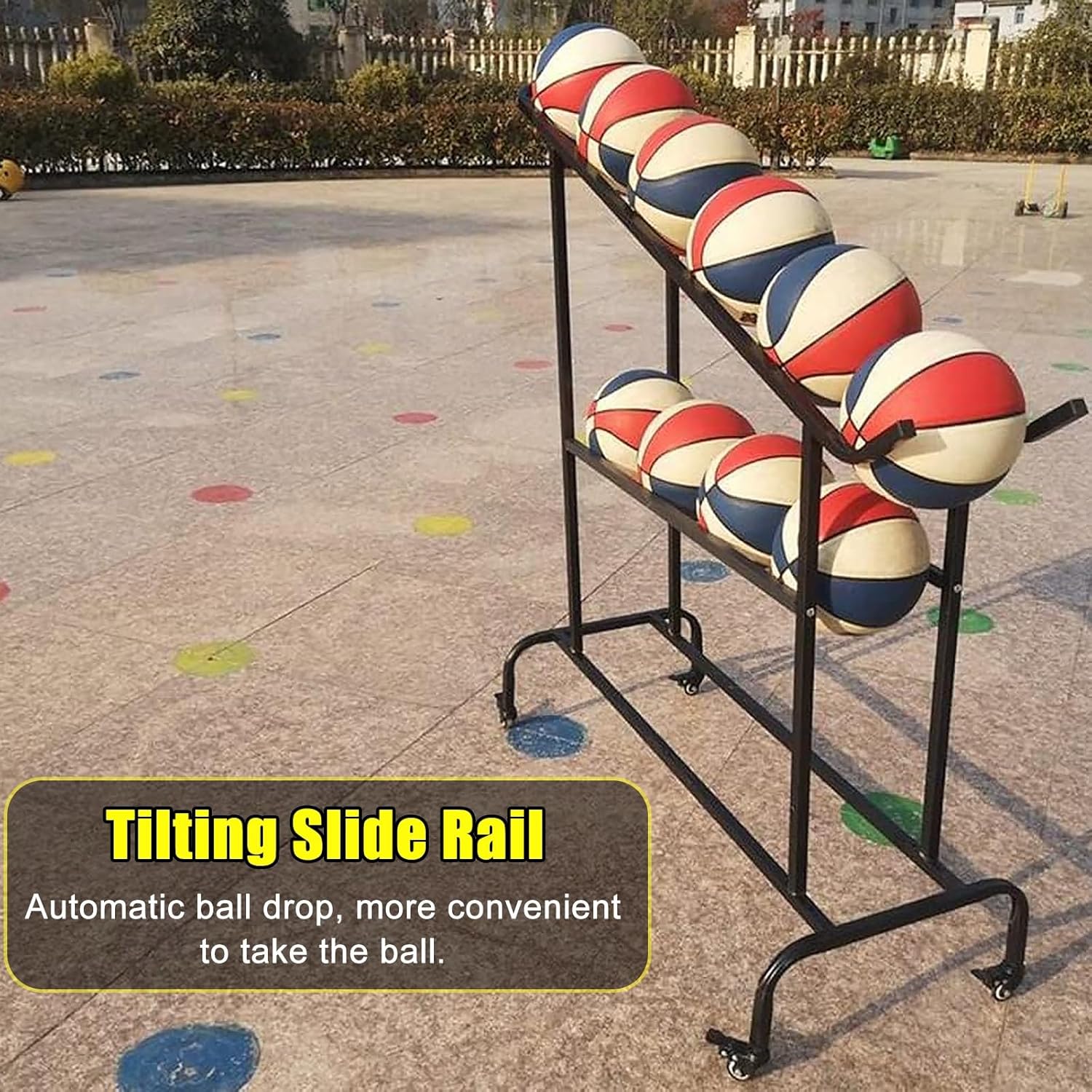Double Row Ball Storage Cart on Wheels - Portable Basketball Organizer Rack for Nursery, School, Garage - Holds 12/24 Balls - Innovative Tilting Slide Rail Design