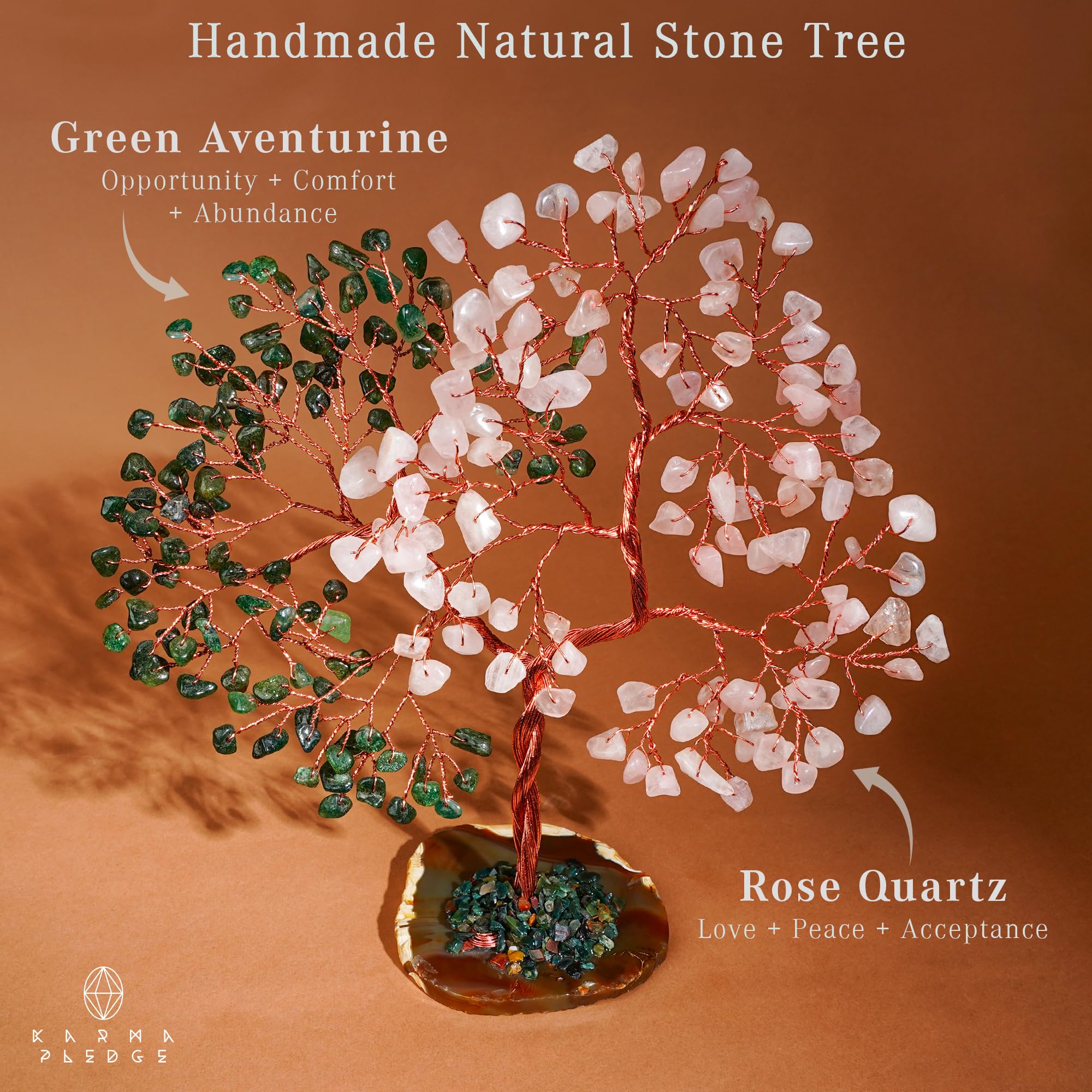 Handmade Healing Crystal Tree of Life Green Aventurine & Rose Quartz Chakra Tree for Money, Good Luck, Feng Shui Home Decor, Living Room Office Deocration, Unique Birthday Gifts for Women, Men, Mom