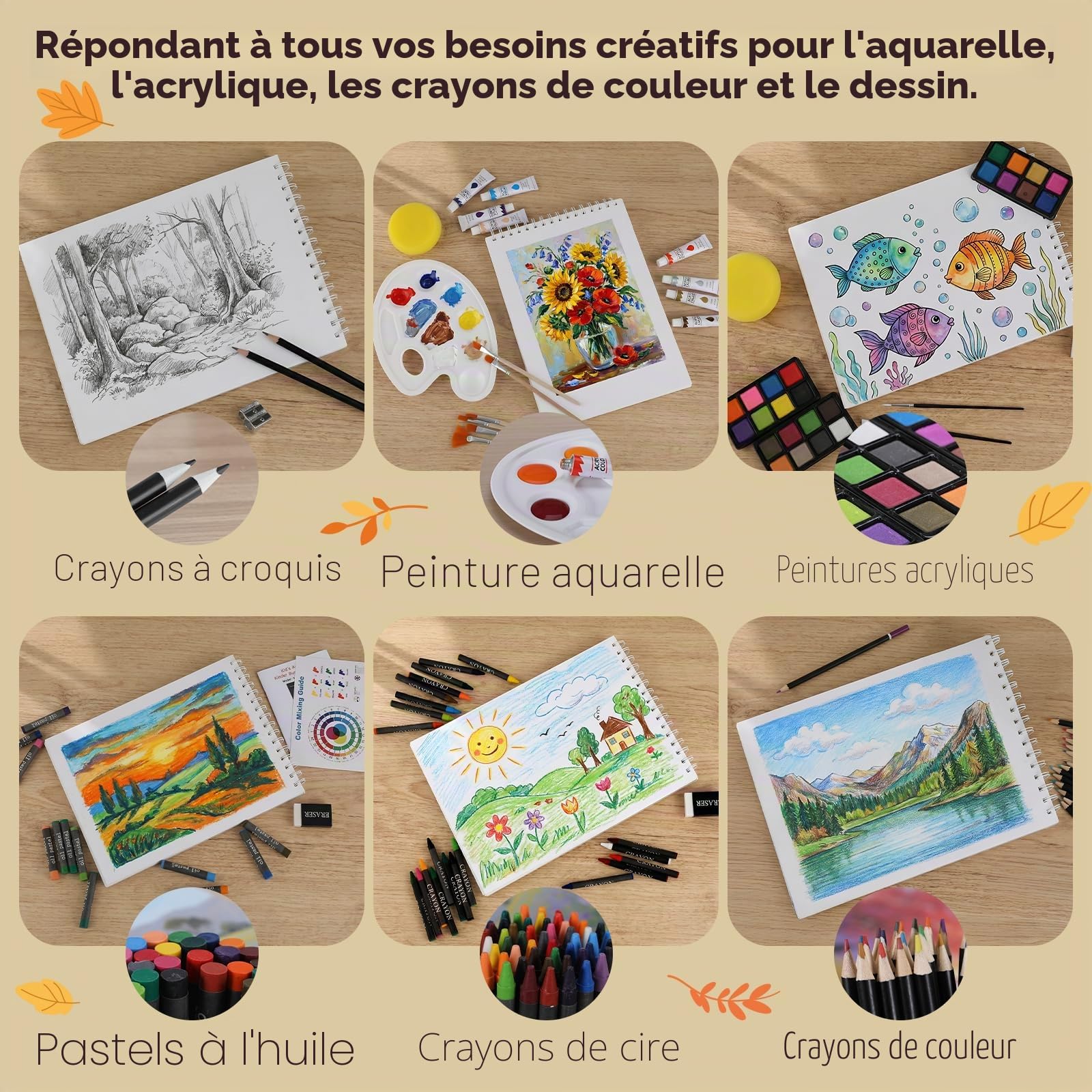 MAMIZO Kit de peinture de qualité supérieure - 202 pièces - Mallette de peinture avec crayons de cire, crayons de couleur, pastels à l'huile et peintures acryliques, chevalet et boîte en bois, kit de