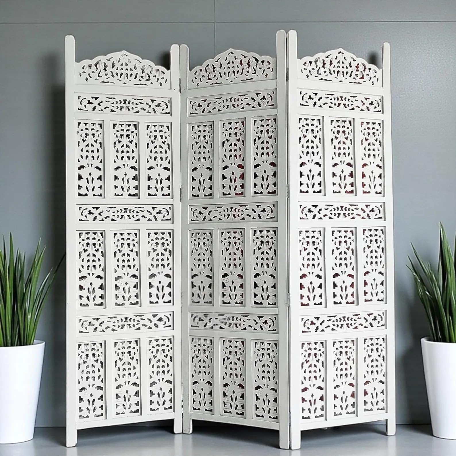 Sami Hndicraft Wooden Room Partition/Screen/Room Divider/Room Separator Traditional Handicrafts 3 Panel 6 Feet (150W x 180 H Centimetres). (White- Lattice Jali Design)