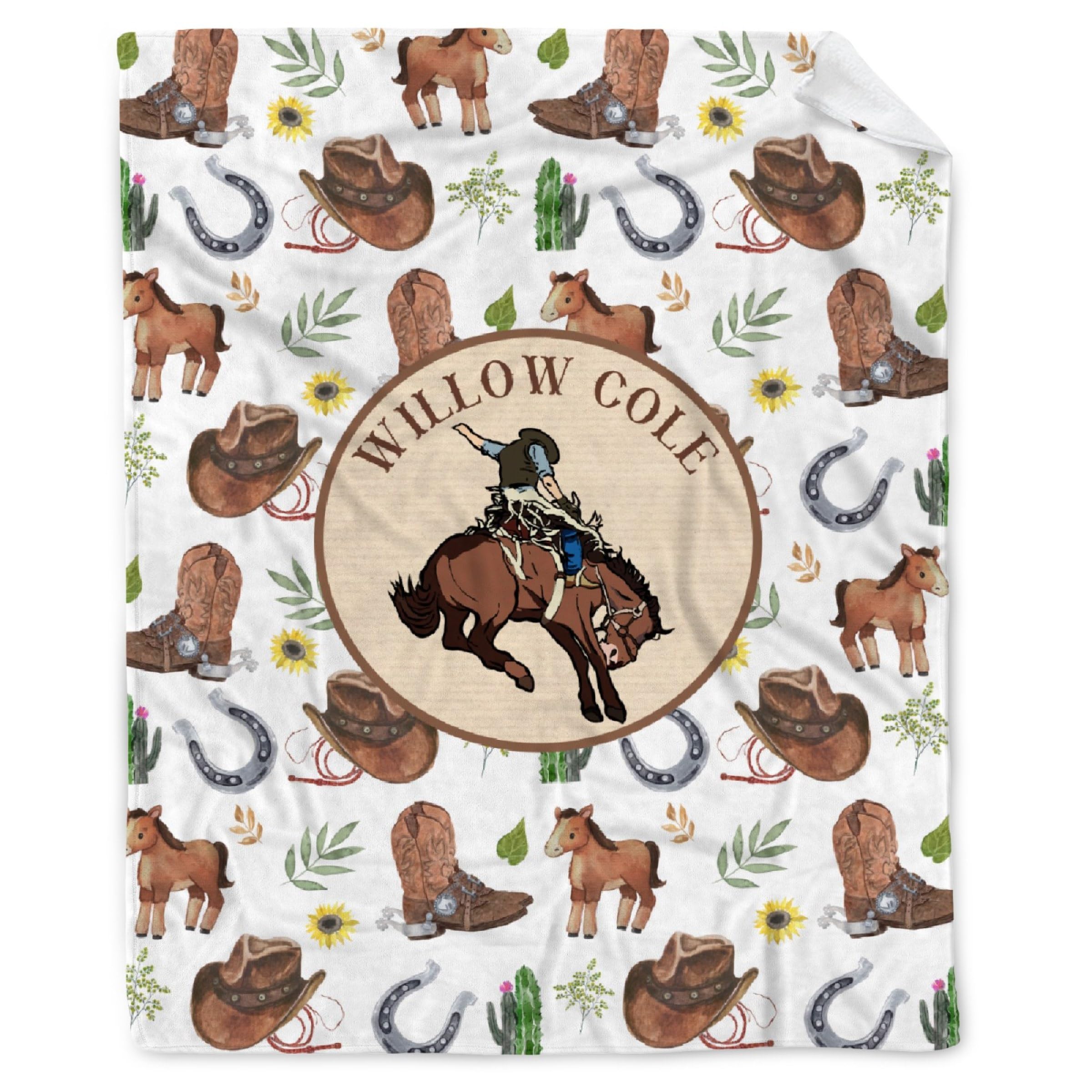 MYSTCOVER Personalized Retro Horse Western Cow-Boys Baby Blanket Gifts for Girls Boys, Custom Retro Horse Western Baby Blanket with Name, Retro Horse Western Baby Stuff Decor Toddler-40x30In Lap