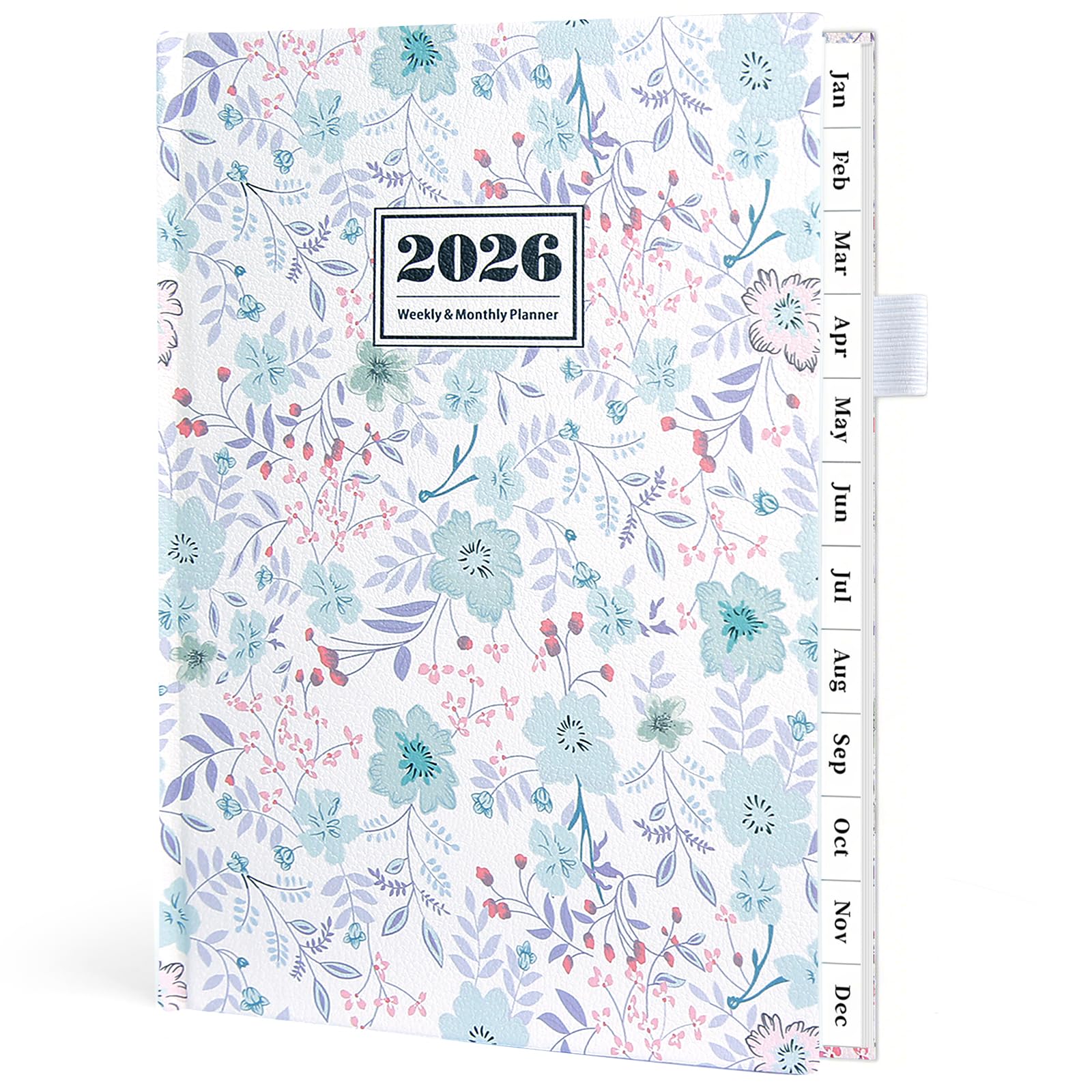 Wochen- und Monatsplaner 2026, PU-Ledereinband, A5 Größe (14,7 x 21,5 cm) mit 12 Reitern, dickes Papier, Januar 2026 - Dez. 2026, dickes Papier, inspirierende Zitate und Notizen (Blume)