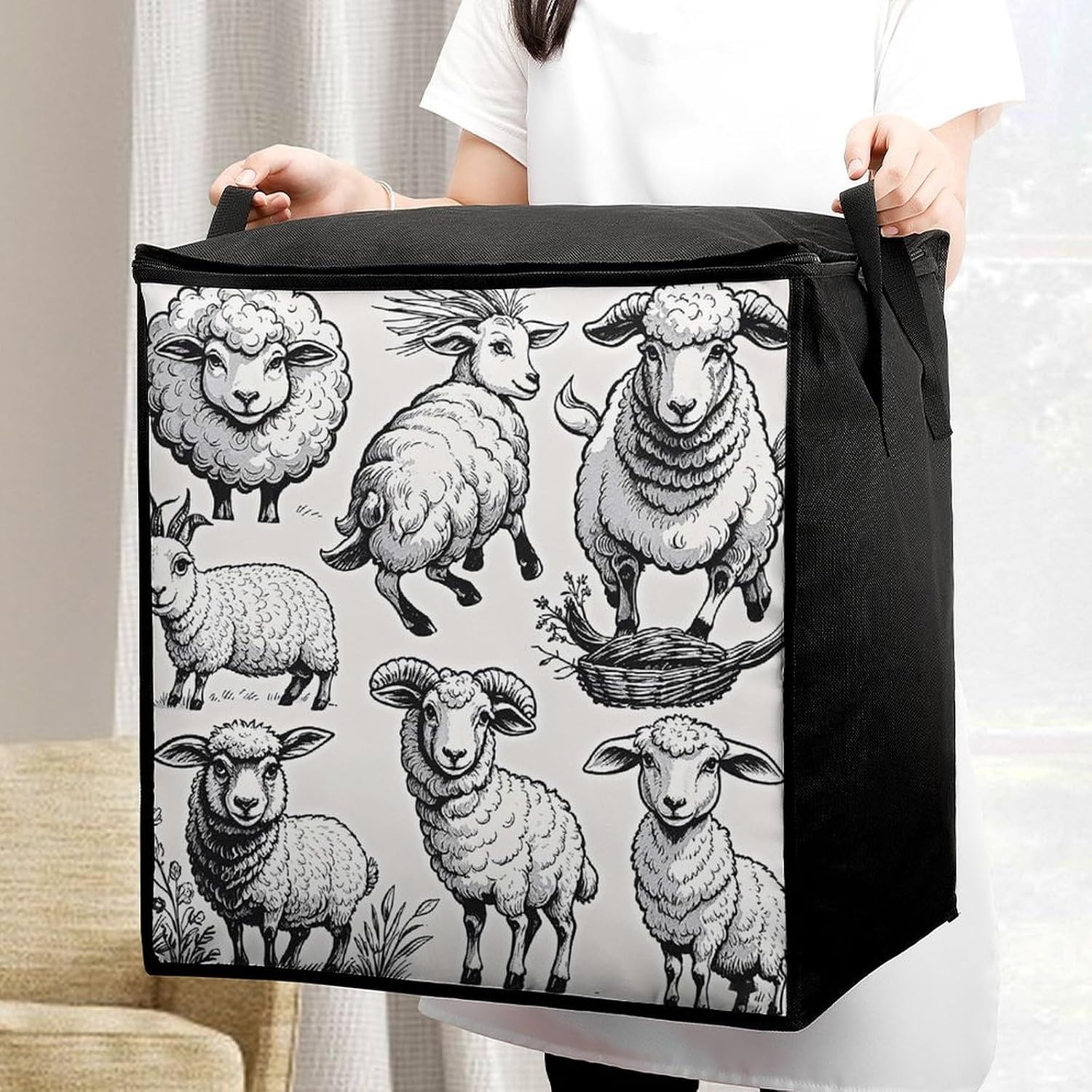 Black White Sheep Comforter Storage Bag Moving Bag | Clothes Storage Bins-70L,Moving Bag With Dual Handles For Easy Carrying, Zipper Design Durability for Home,Bedroom,Closet