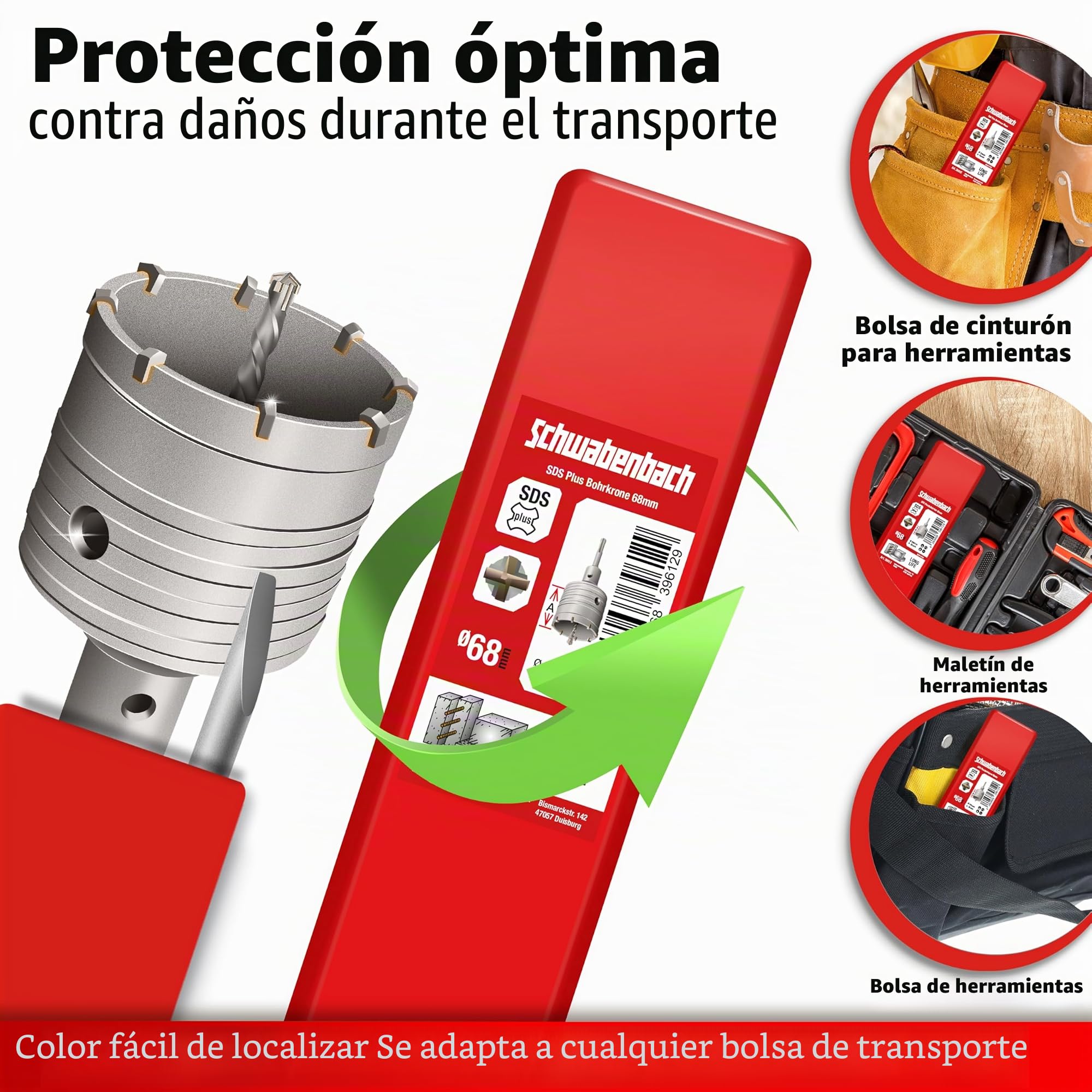 SCHWABENBACH® Corona Perforadora SDS Plus 68 mm – Broca de Corona para Cajas de Enchufe 68mm – Sierra de Corona para Mampostería con 8 Dientes de Carburo – Profundidad 50 mm, Acero CR40