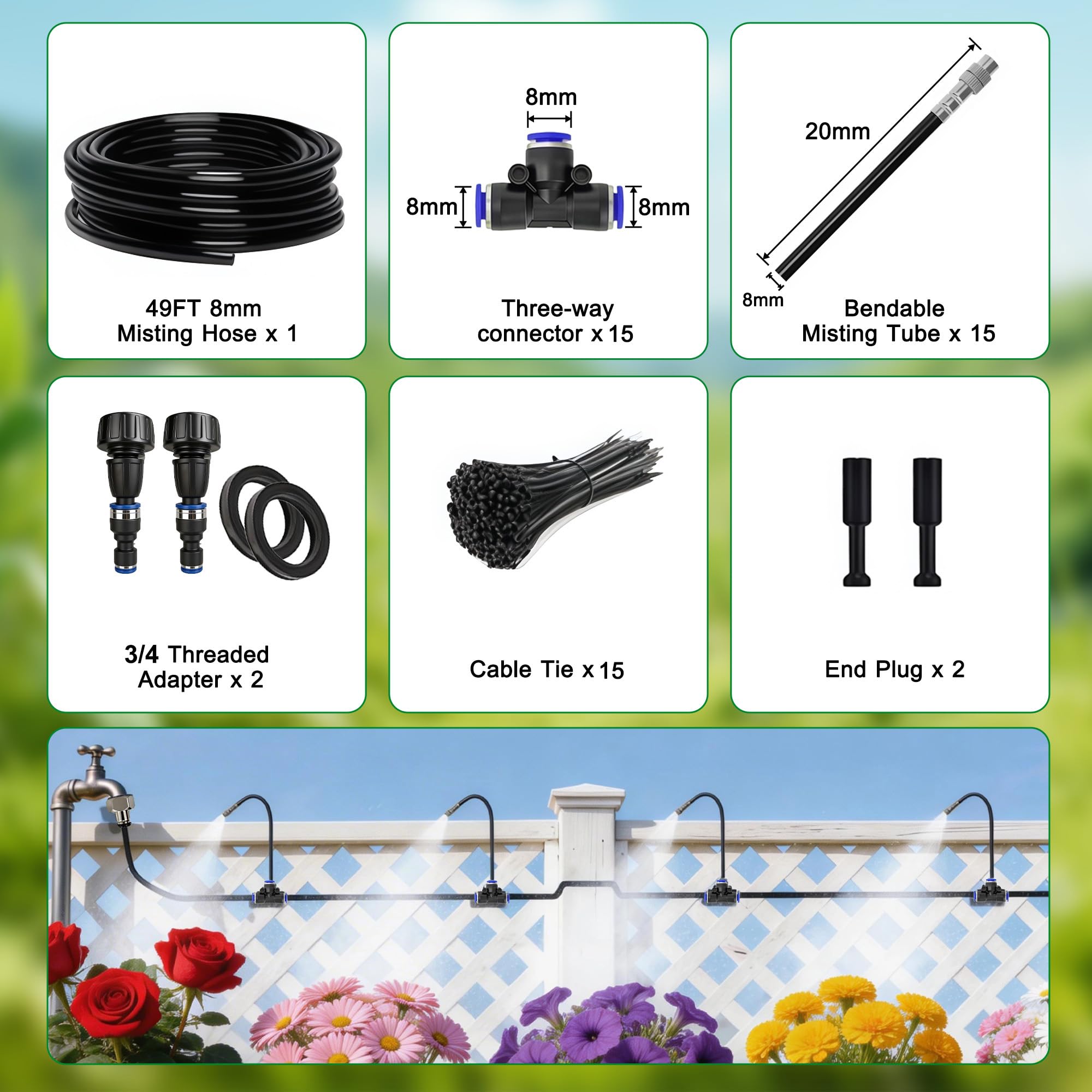 Sistema di irrigazione a goccia regolabile a 360°, sistema di irrigazione da giardino con 15 ugelli, irrigatore d'acqua per giardino, cortile, prato, serra, piante, sistema di nebulizzazione