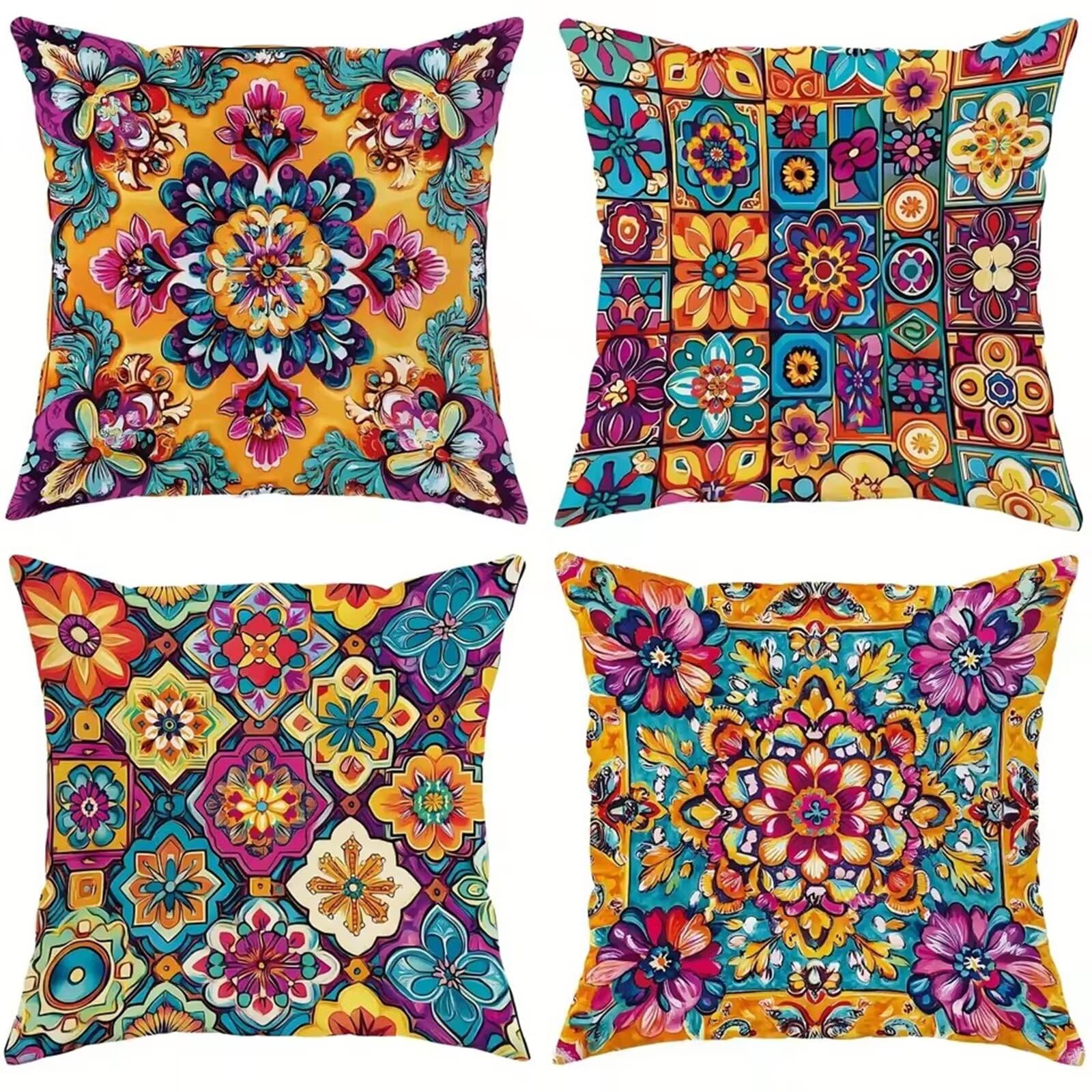 Heaen Outdoor Cushions Covers Waterproof 35x35 cm Set of 4 Square Linen Pillow Cases Colourful Mandala Decorative Dushions for Sofa Porch Patio Home Decor