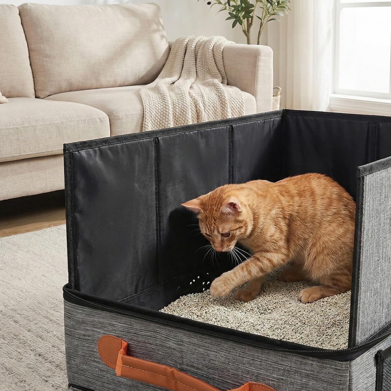 Bac À Litière De Voyage, Bac Litiere pour Chat Portable Et Pliable, Caisse Chat Litiere Et Portable, Litiere De Voyage en Tissu Oxford, Le Camping, Pliable, Étanche, 50 X 40 X 28 Cm, Gris
