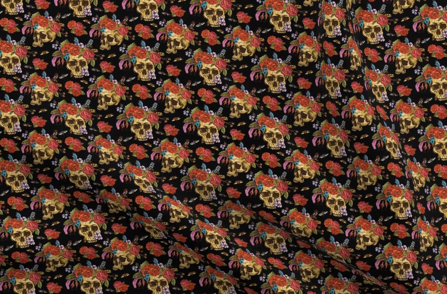 Spoonflower Fabric - Skulls Flowers Roses Moths De Day Dead Printed on Organic Cotton Sateen Fabric by The Yard - Sewing Quilting Apparel Home Decor