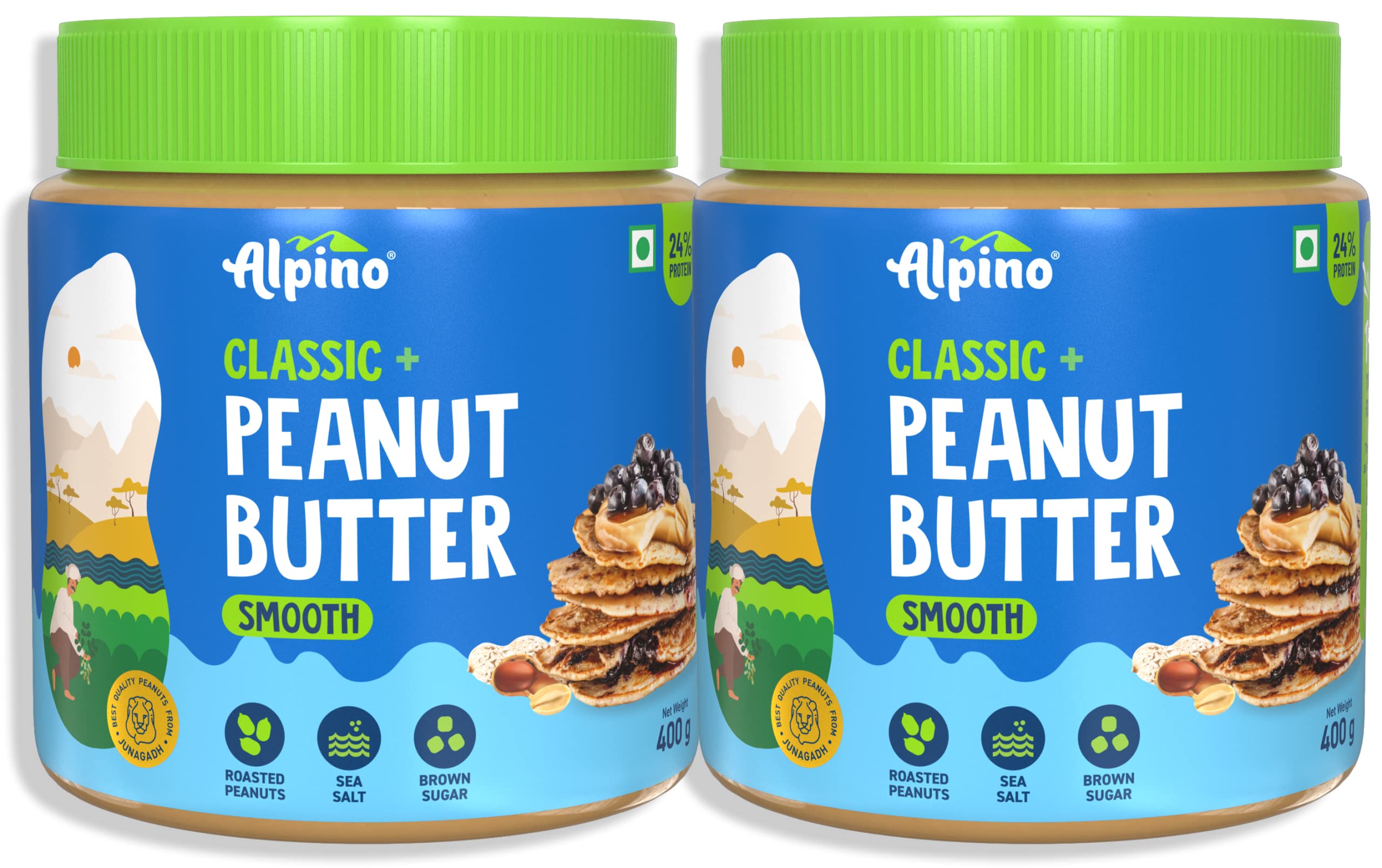 ALPINO Classic Peanut Butter Smooth 800g - Roasted Peanuts, Brown Sugar & Sea Salt - 24g Protein, non-GMO, Gluten Free, Vegan – Plant Based Peanut Butter Creamy – 400g, Pack of 2