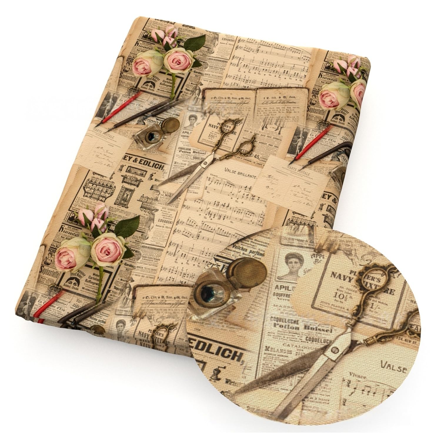 Tkanina w stylu vintage, kwiatowa, z nadrukiem, na metry, dekoracyjna, styl gazety, materiał do szycia, retro, kwiaty, róże, materiał z nadrukiem kwiatowym, do samodzielnego wykonania