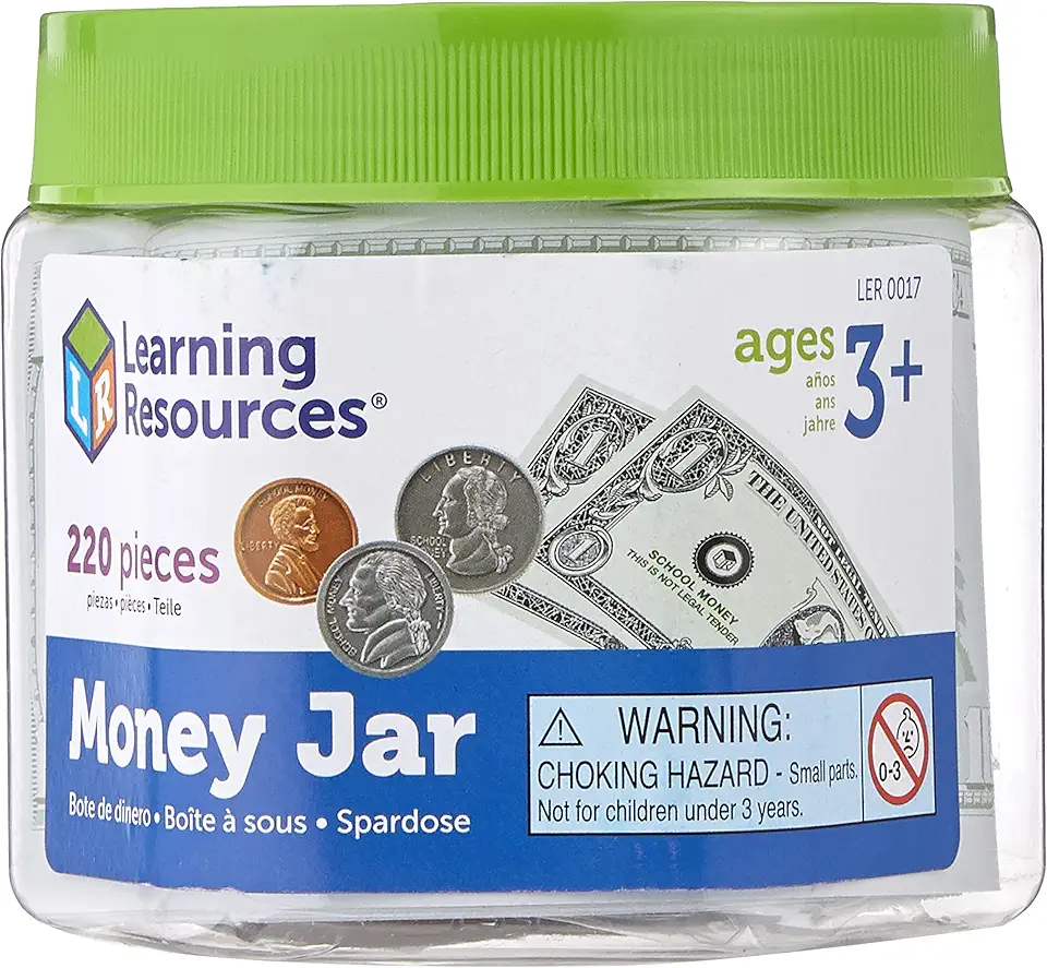 Learning Resources Money Jar - Pretend and Play Money for Kids, Counting, Bills and Coins, Homeschool, Math Manipulatives, Ages 3+