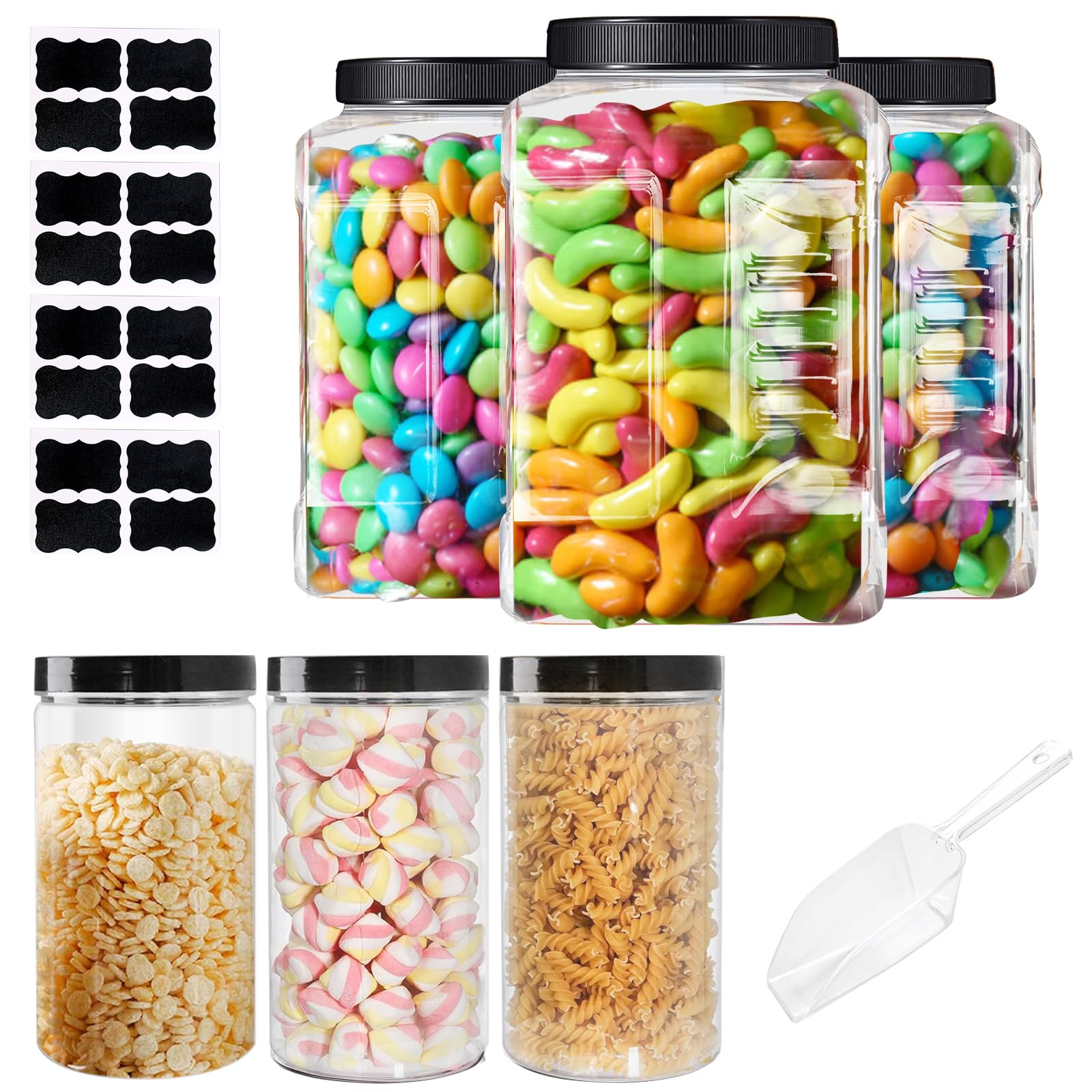 6 barattoli in plastica trasparente con coperchio, apertura larga, quadrati, con tappo a vite, contenitori vuoti in plastica PET, per caramelle, biscotti, cucina e alimenti (coperchio nero)