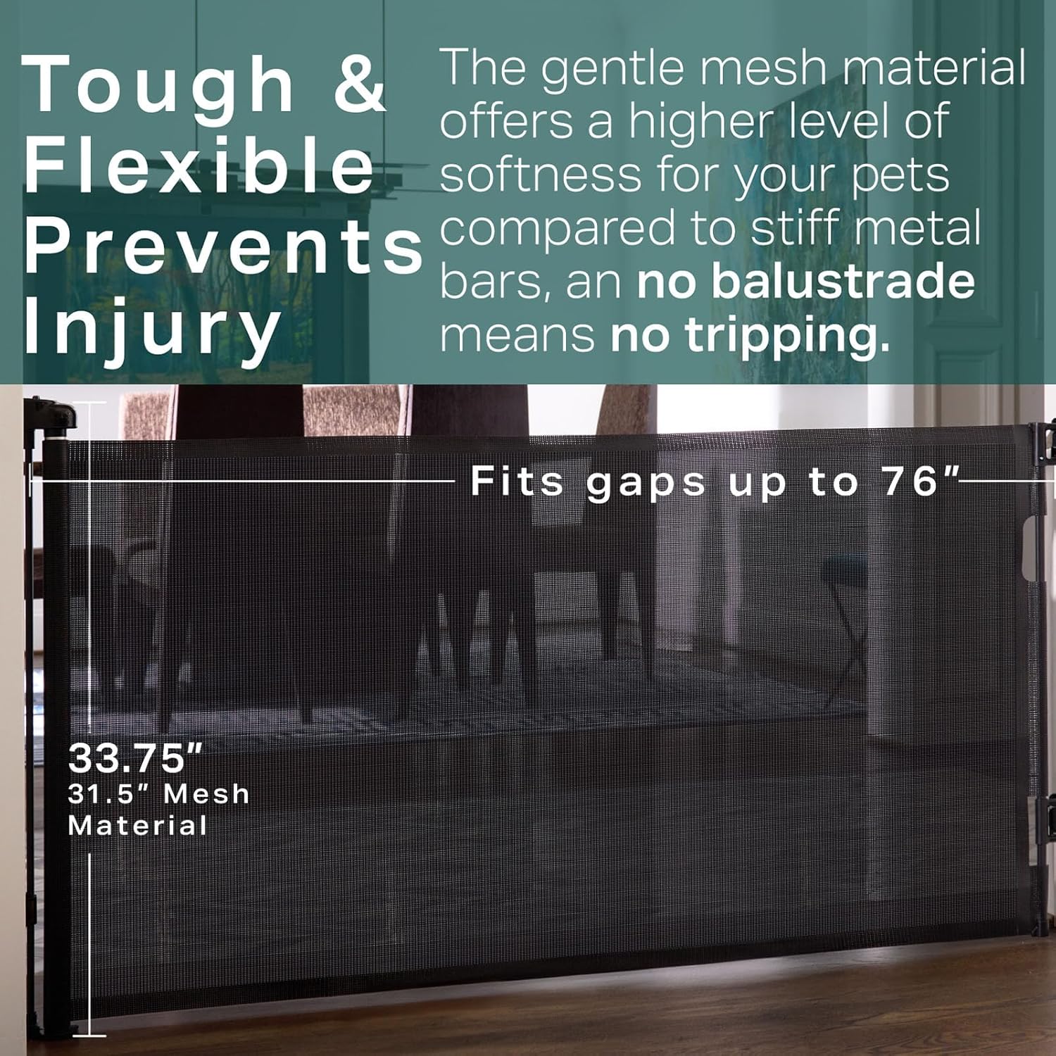 Cumbor Retractable Baby Gates - Wide Dog & Child Fence for The House, 33 Tall, Extends to 76, Extra Long Mesh Pet Safety Gate for Stairs, Doorways & Hallways, Porch, Indoor/Outdoor (Black)