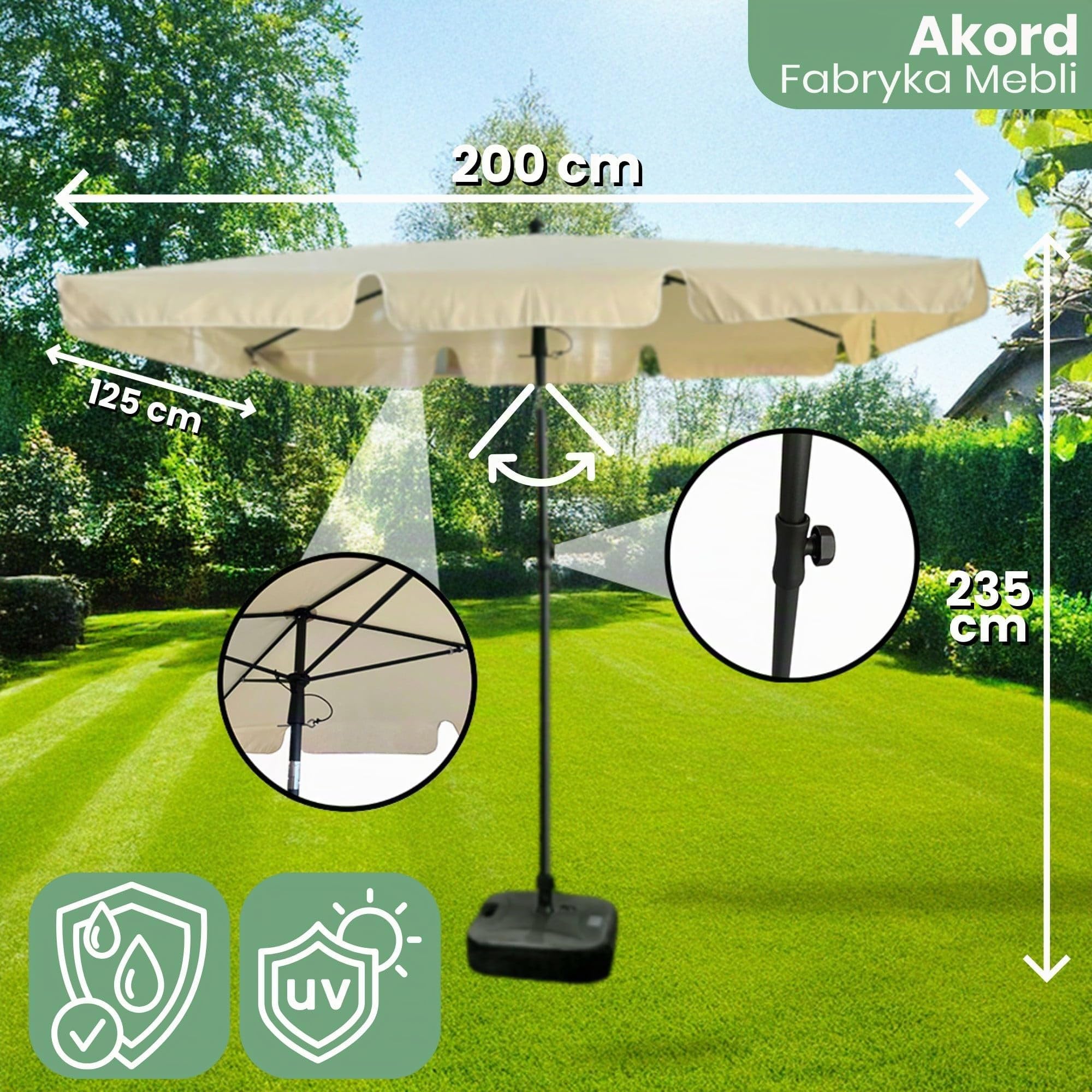AKORD Ombrellone da Giardino Rettangolare FLOKS | 125x200x235 cm Inclinazione e altezza Regolabili | Ombrelloni da Spiaggia Esterno Balcone Terrazzo Antivento Impermeabile |