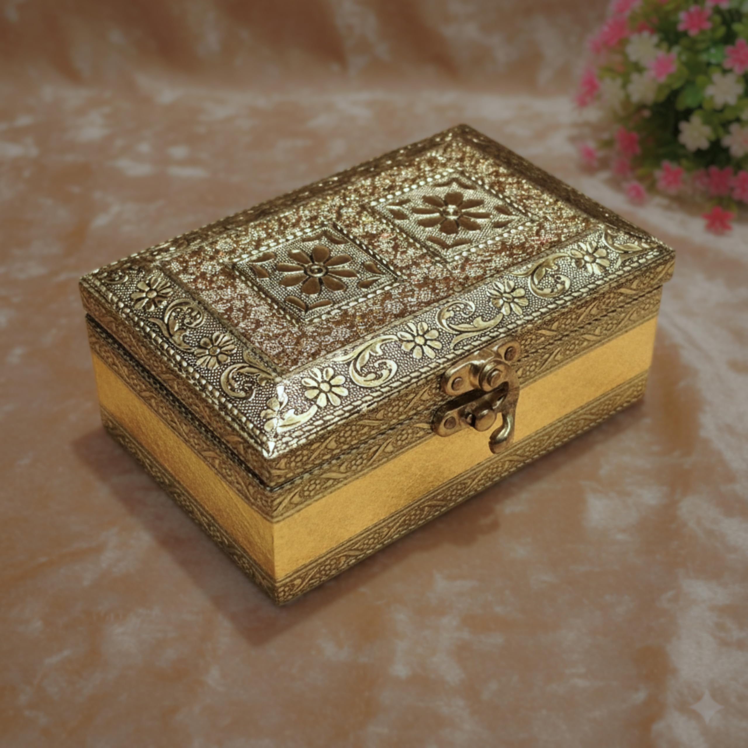 Antique Gold Velvet-Lined PoojaBox | Wooden Jewelry Trinket Gift Box | Jewellery Box | Kit | Vanity | Organiser For Women, Storage, Gold, Cash, Money, Good Luck | Shagun Gift (6x4 inch)-image-18