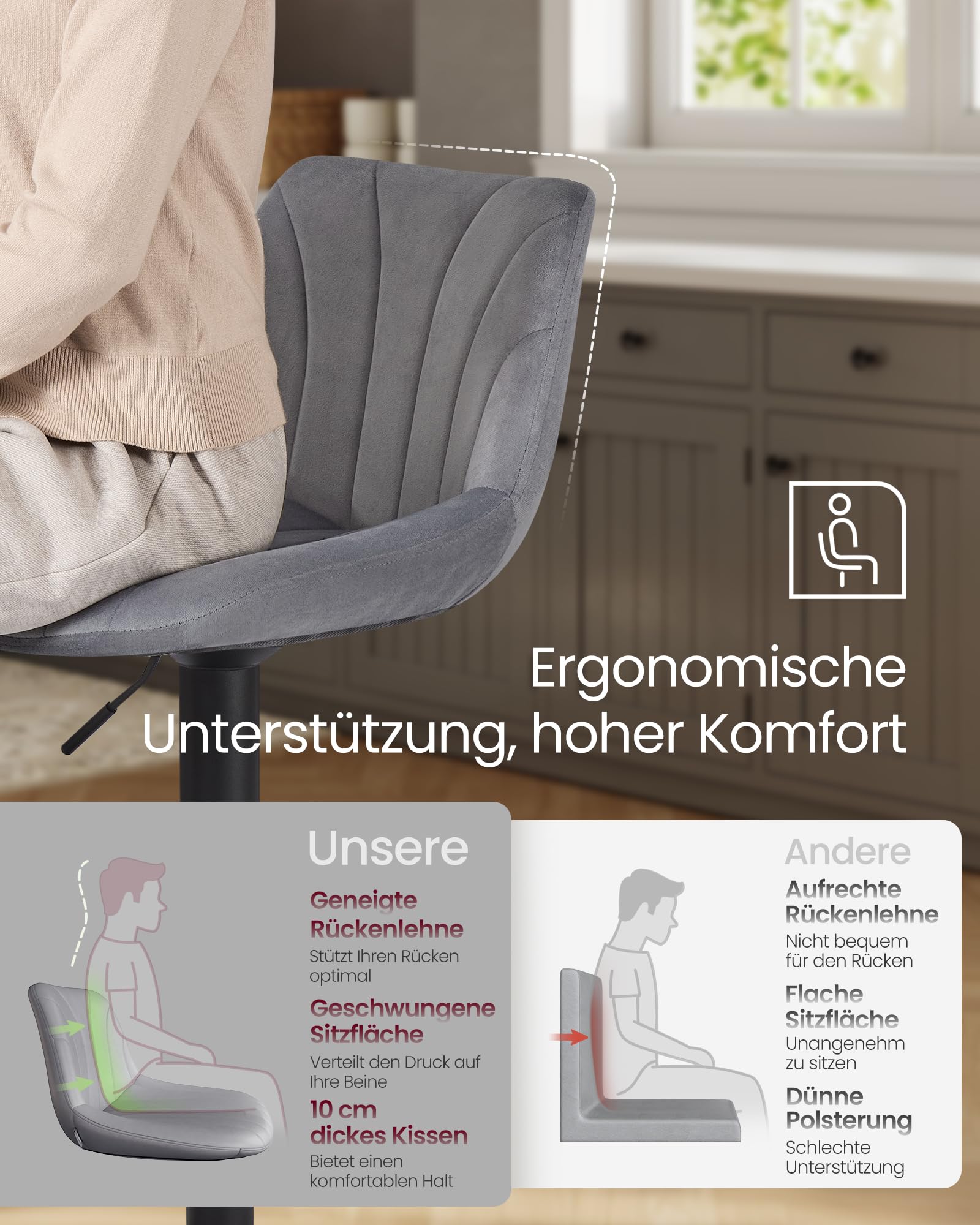 VASAGLE Barhocker 2er Set, Barstuhl mit Rückenlehne, Küchenhocker, höhenverstellbar, um 360° drehbar, Fußstütze aus Metall, für Esszimmer, Küche, Samt-Bezug, schiefergrau LJB161GN01