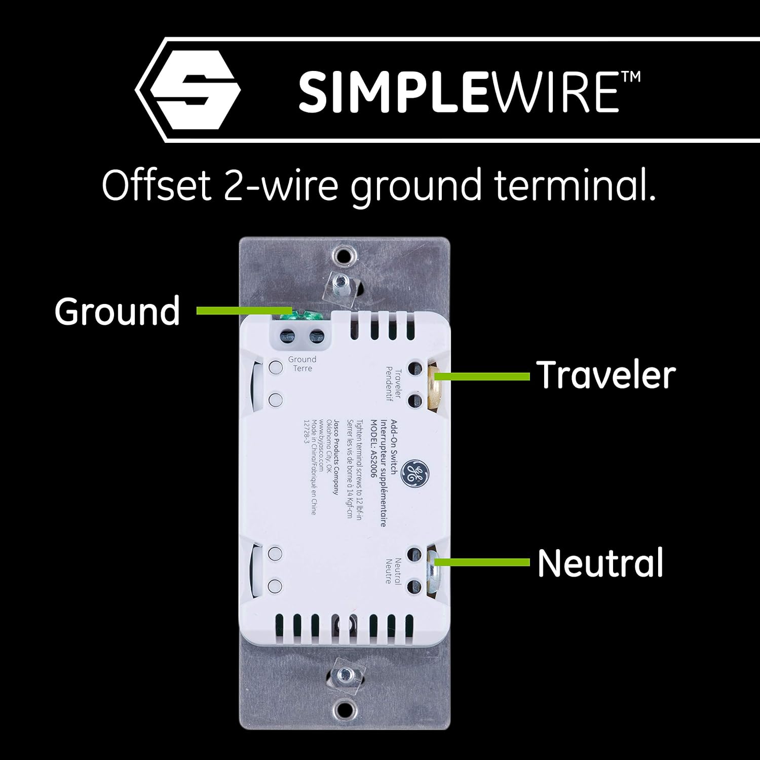 Wiring diagram for Enbrighten Add-On Switch showing ground, traveler, and neutral connections.
