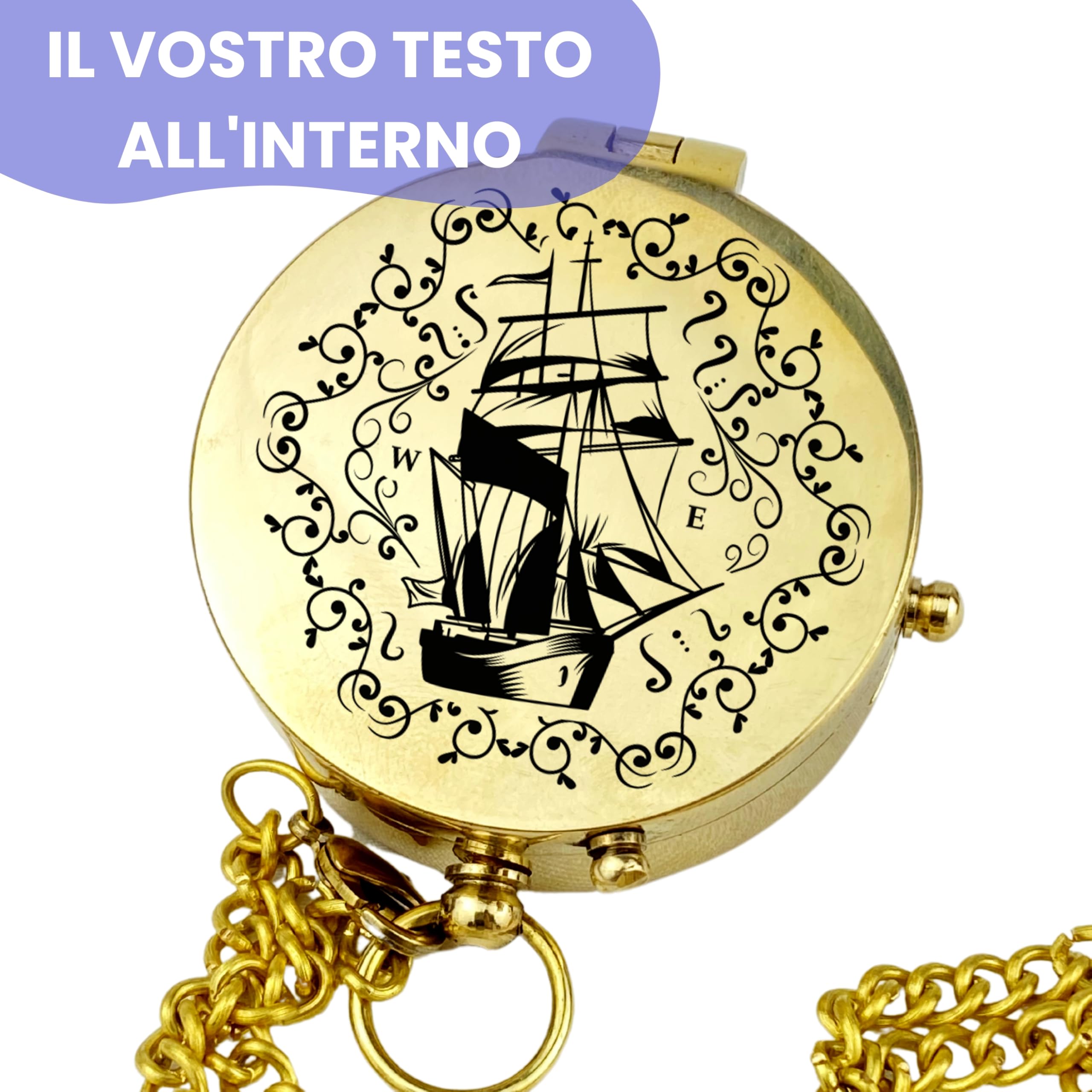 Bussola personalizzata in ottone e pelle con incisione motivo marittimo, regalo