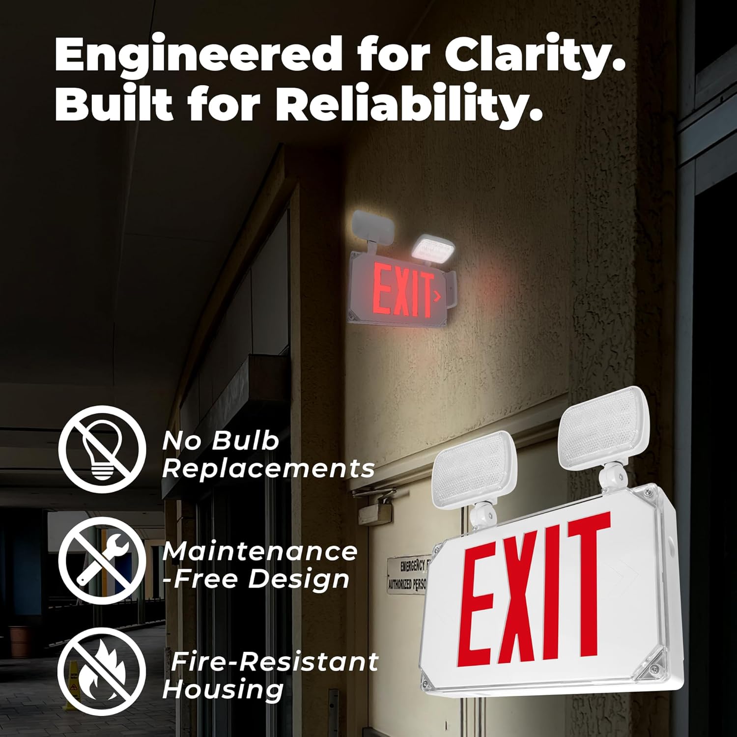 LFI Lights® Wet Location Rated Combo Exit Sign with Emergency Lights, Outdoor UL 924 Listed, Red LED, White, 120/277VAC Hardwired with Battery Backup, Optional Double Face and Knock Out Arrows, WLFCOMBORWBB 6 Pack