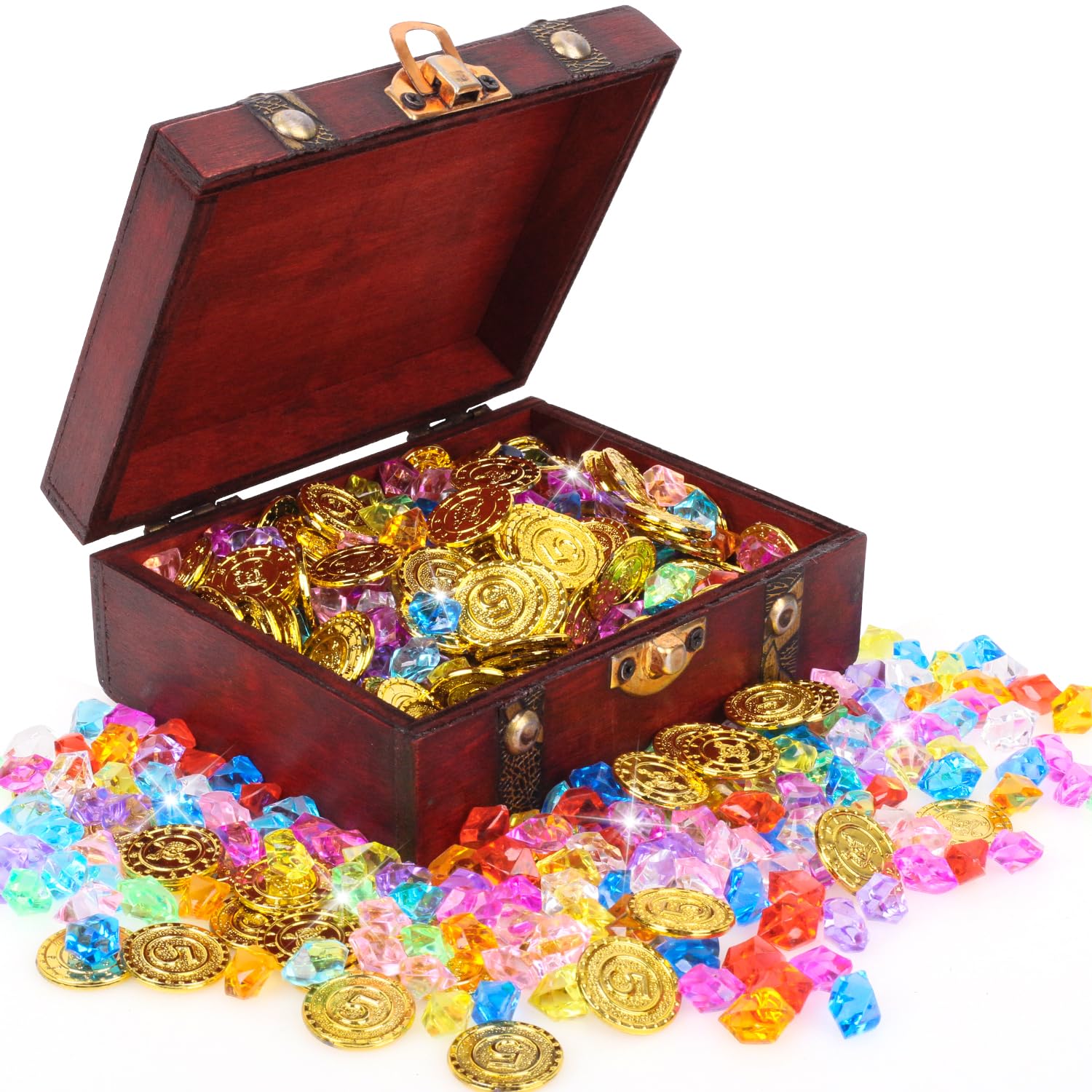 RNHDLY 201 Pcs Pirate Treasure Chest Set, Treasure Hunt kit with 100 Plastic Pirate Coins, 100 Colorful Gems and 1 Treasures Box for Pirates Themed Party Favors, Halloween Easter Prizes