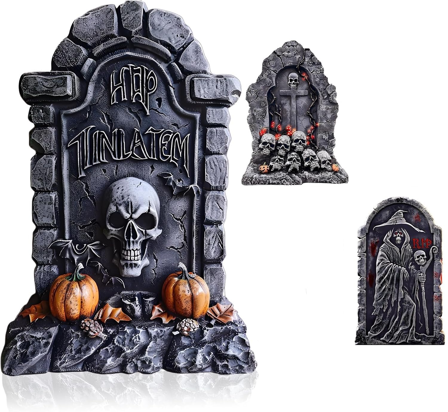 25" Halloween Outdoor Decorations, 3 Pack Halloween Graveyard Tombstones Yard Signs with 10 Metal Stakes Large Size Realistic Scary Skeleton RIP Gravestones Yard Lawn Outside