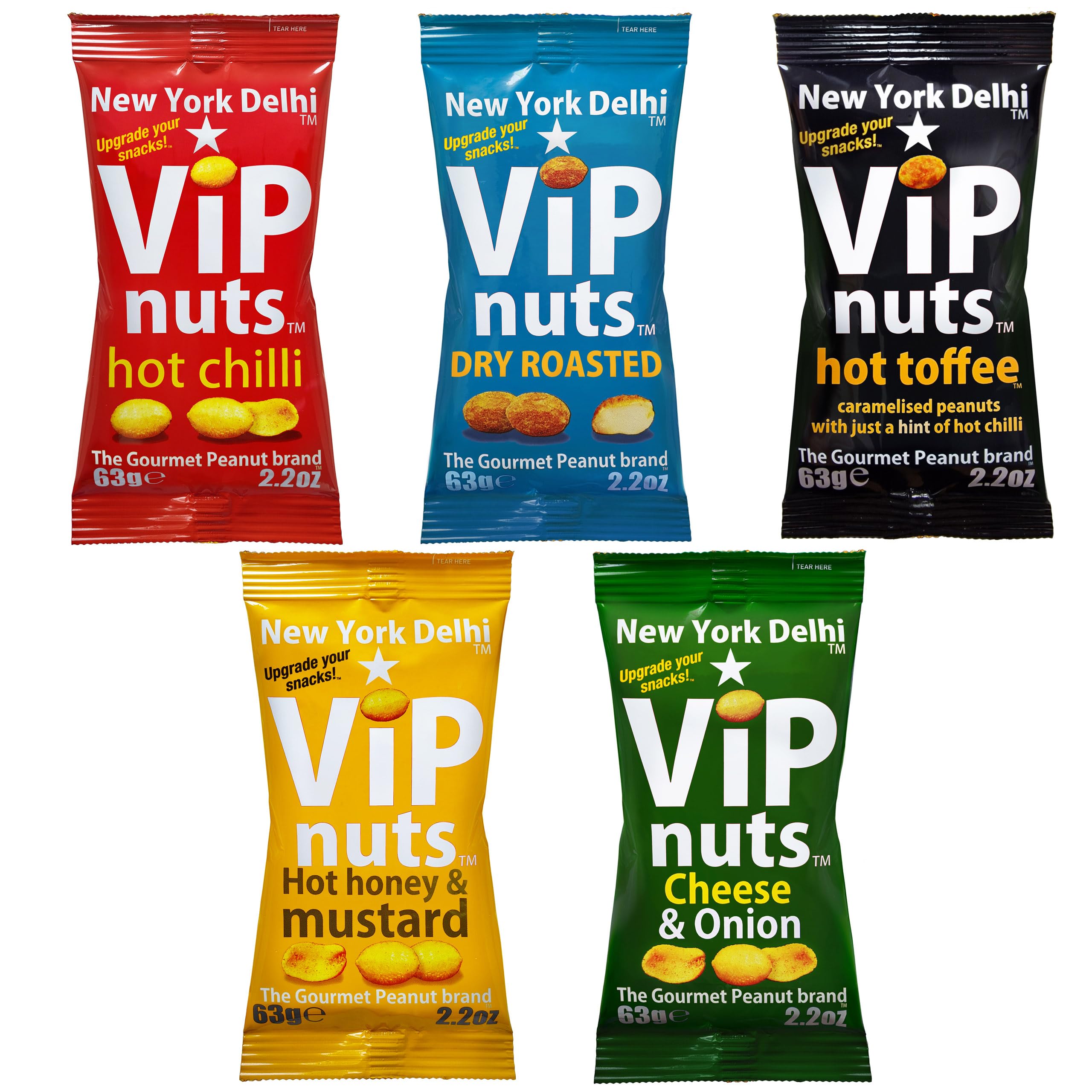 – New York Delhi ViPnuts, Fab 5 peanuts Selection Box (5 x 63g) nuts. On the rare occassion we run out of a flavour we will sub with another fabulous flavour.