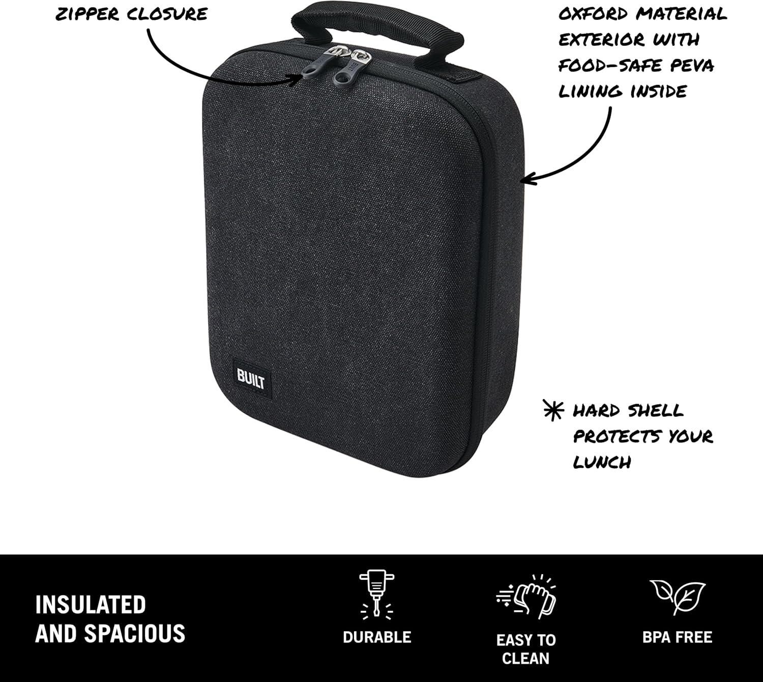 BUILT Hardshell Lunch Pack, Black, Spacious And Insulating Lunch Bag, Durable EVA Hard Shell Protects Food, Padded Handle For Easy Carrying, BPA Free
