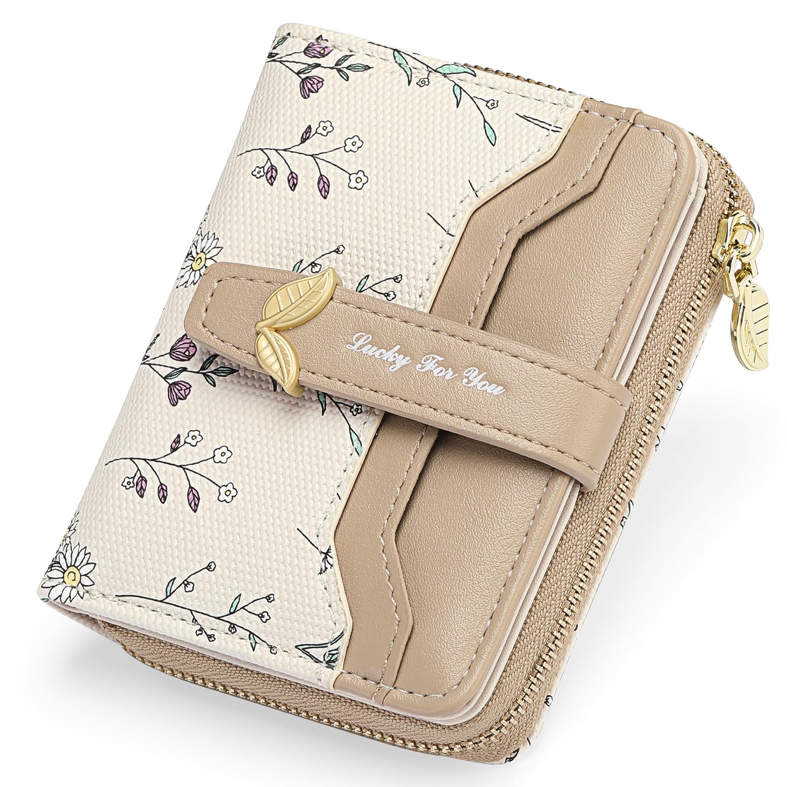 GAEKEAO Small Wallets Woman RFID Blocking Vegan Leather Bifold Floral Ladies Purse Card Holder with Zipper Pocket ID Window