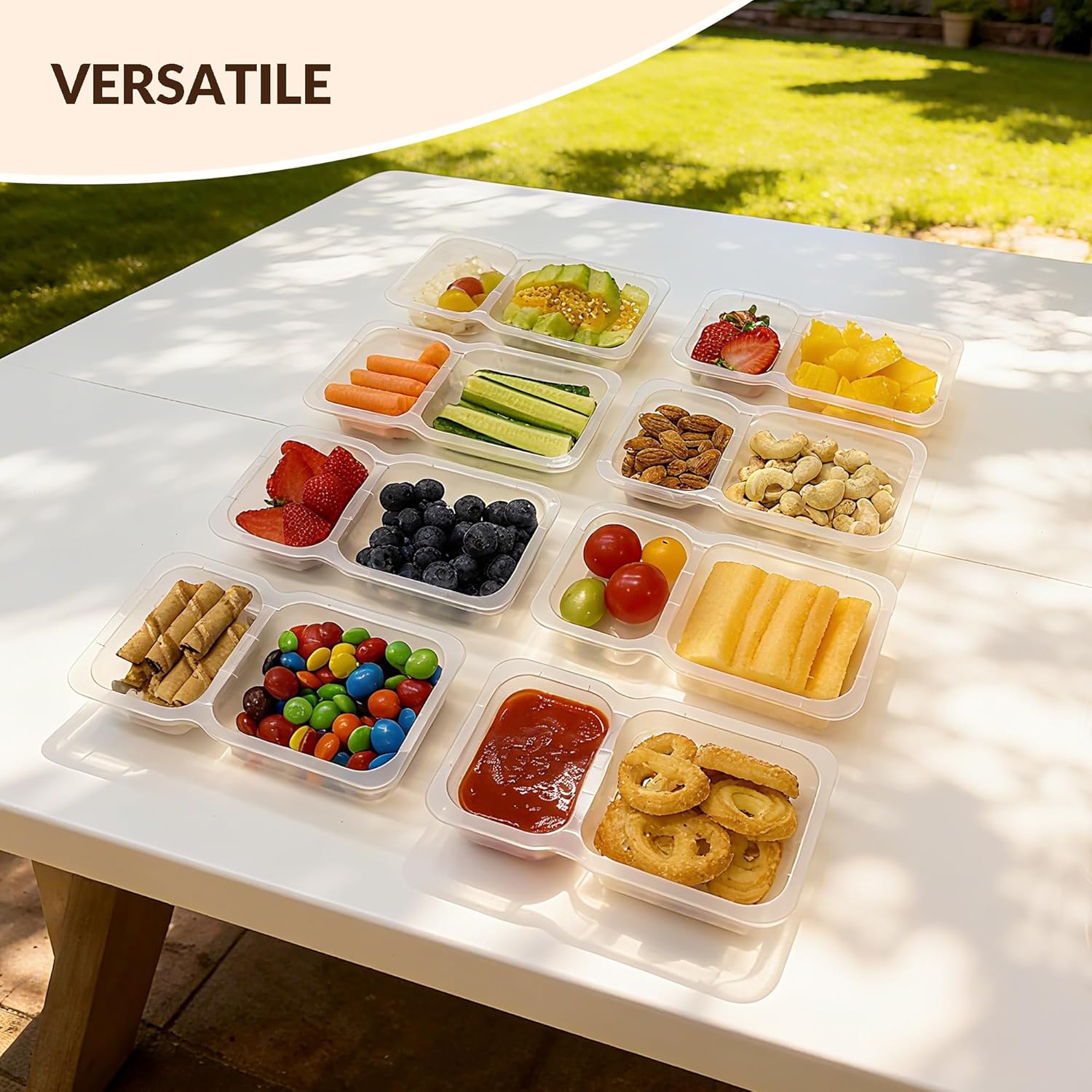 HI-REEKE 9 OZ Double Compartment Snack Containers, 20 Sets Bigger Reusable Clear Snack Packs Container with Lids - Image 5