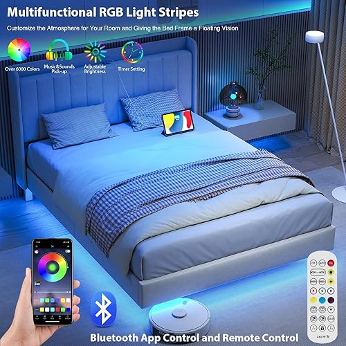 Miniatura 3 de Saudism Marco de cama tapizado tamaño Queen, marco de cama flotante con cabecera de almacenamiento con respaldo de ala, puertos tipo C y USB, luces