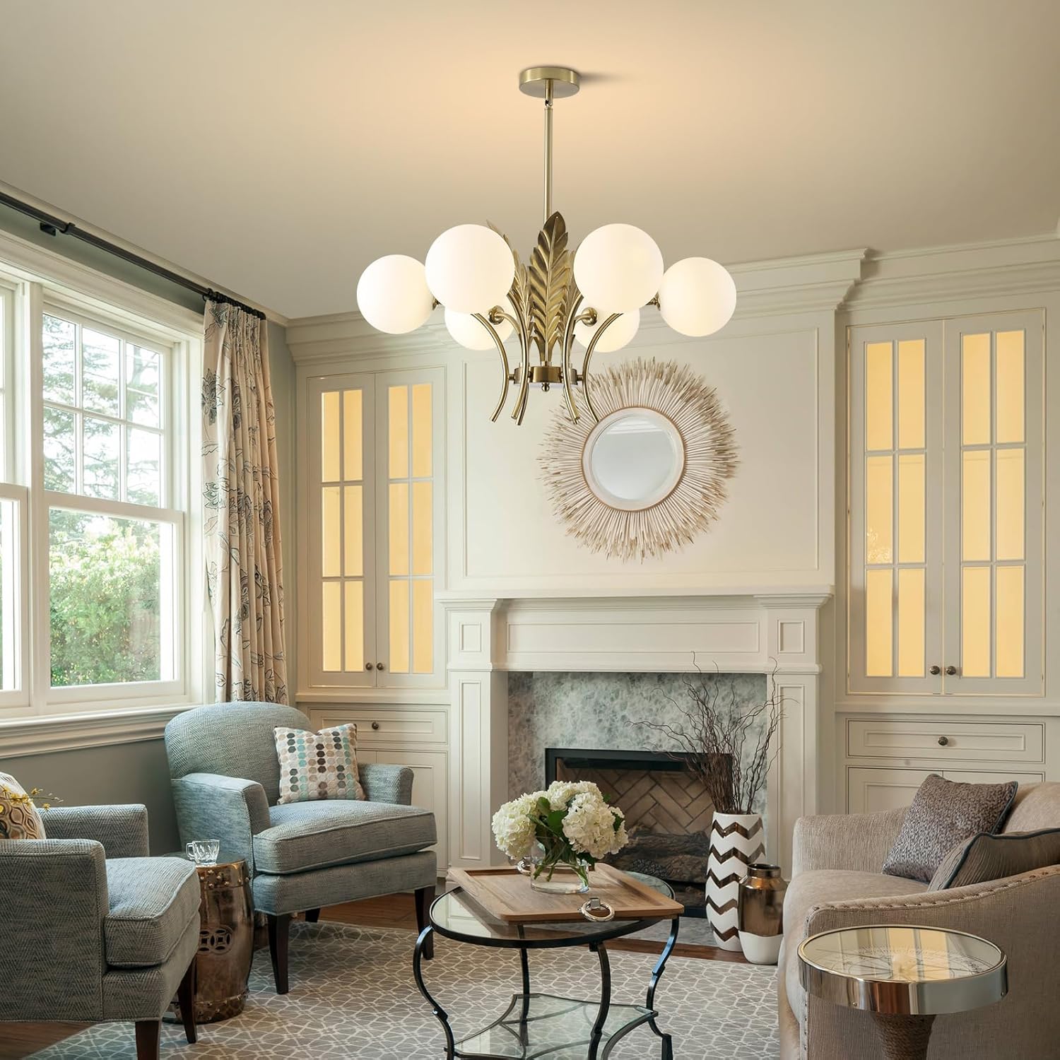 BOKT Mid Century Milk Glass Chandelier Gold G9 Ceiling Chandelier Light Industrial Metal Adjustable Pendant Lighting Farmhouse Large Globe Flush Mount Light Fixture for Dining Room Kitchen Indoor