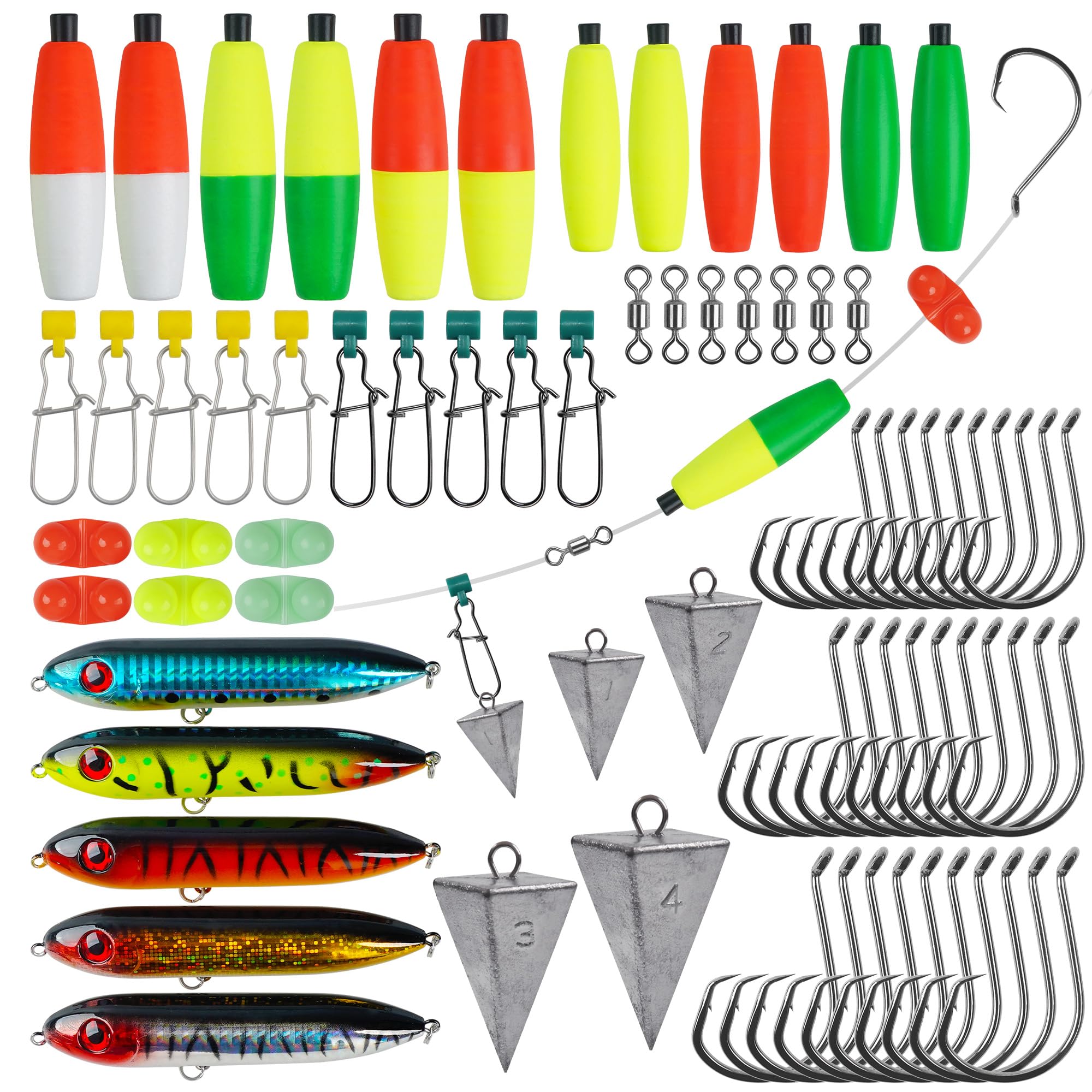 Catfish Rigs Catfishing Tackle Making Kit,103pcs Catfish Accessories with Peg Float Lures Fishing Hooks Swivels Rattle Beads Pyramid Weights Sinker