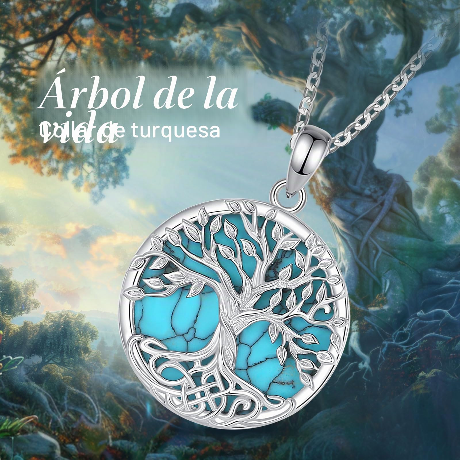 Colgante Árbol de La Vida Plata de Ley 925 Collar de Nudo Celta Árbol de La Vida Vintage Yggdrasil Turquesa Joyería, Regalo Amuleto para Mujer Hombre Madre Mama Hija, 18"