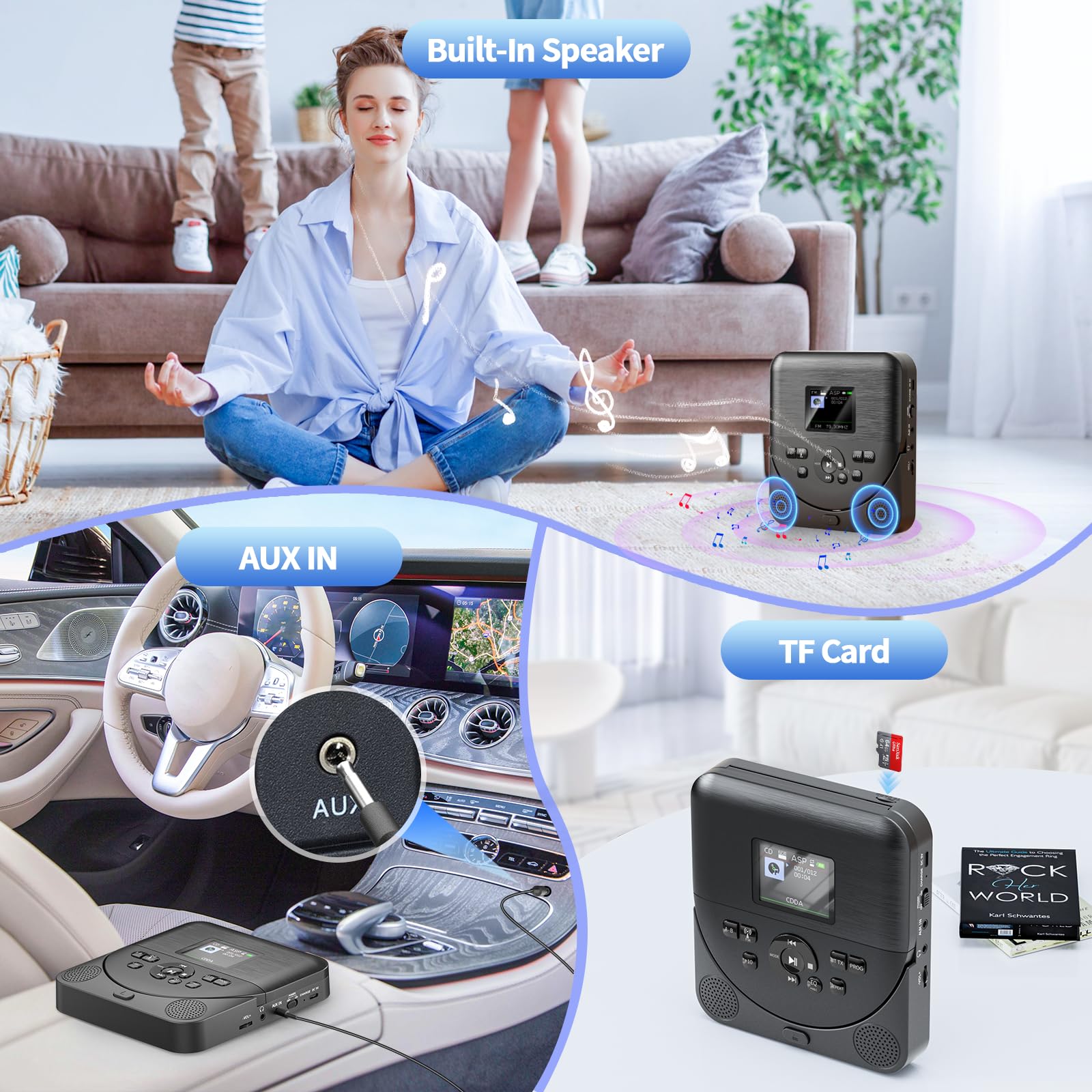 Lecteur CD Portable Bluetooth FELEMAN avec Haut-parleurs, Écran, Rechargeable, Émetteur FM, Noir