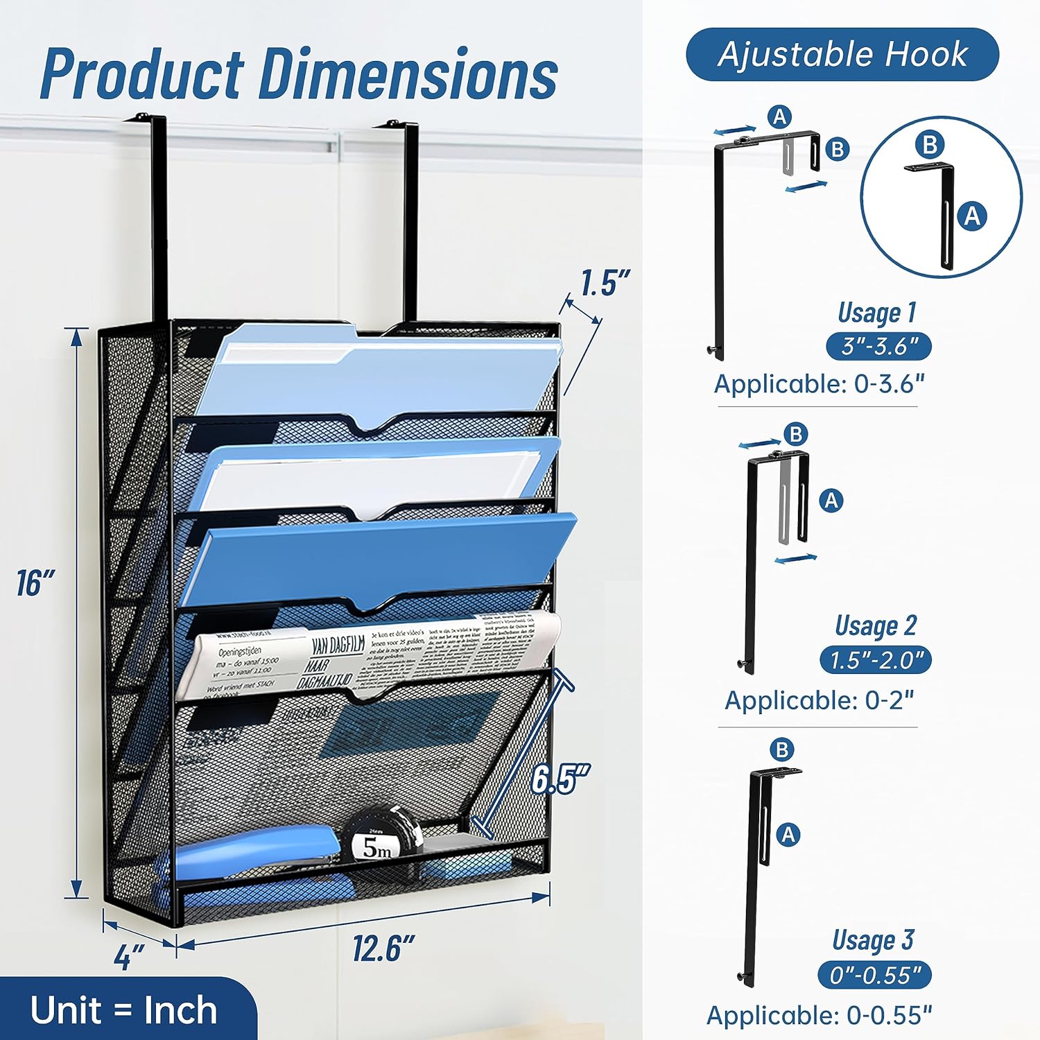 DALTACK Wall File Holder 6 Tier Hanging Wall File Organizer with Hooks, for Papers Mails Folders Clipboard Magazine Organization, for Office Home, Mesh Metal, Black