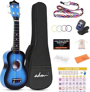 ADM Ukulele for Beginners Hawaiian Wood Ukelele Kit for Kids Adult Student Starter Professional Ukalelee Pack Bundle with Free Lessons Gig Bag Strap Nylon String Tuner Bluebrust, 21 Inch