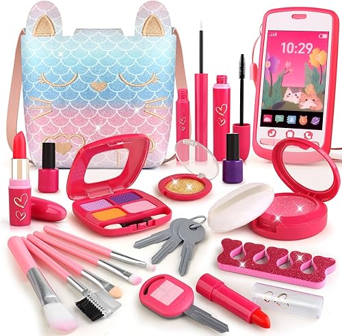 Maquillaje de simulación para niños pequeños, kit de maquillaje para niñas pequeñas de 3 a 5 años, juguete de sirena con juego de maquillaje falso
